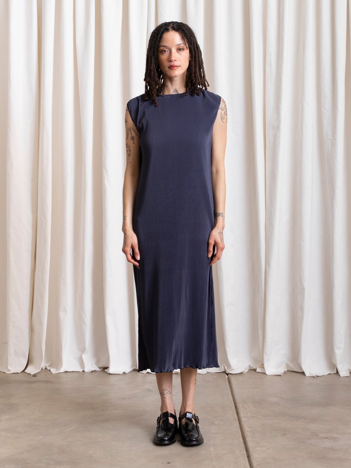 PLEATED TANK DRESS - NAVY