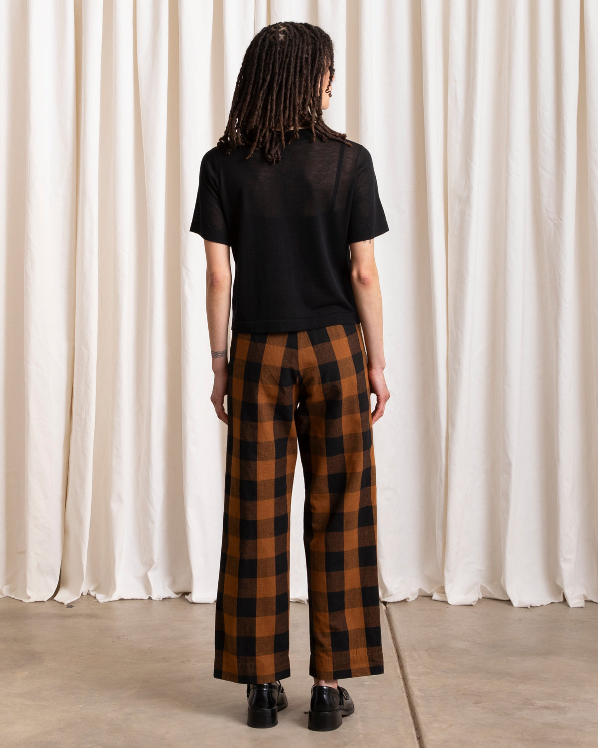 SILK FLY FRONT PANT W/ POCKETS - COPPER/BLACK PLAID