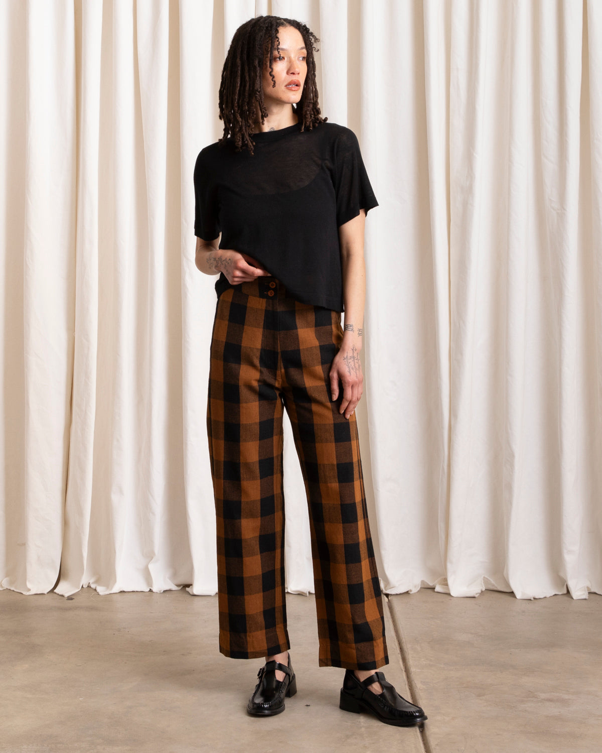 SILK FLY FRONT PANT W/ POCKETS - COPPER/BLACK PLAID