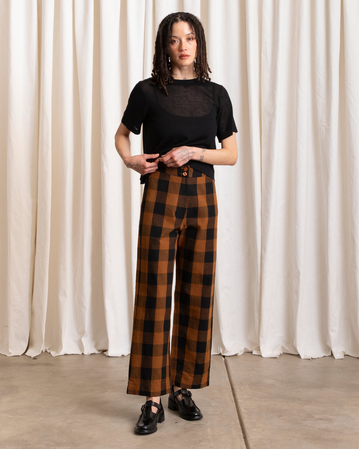 SILK FLY FRONT PANT W/ POCKETS - COPPER/BLACK PLAID
