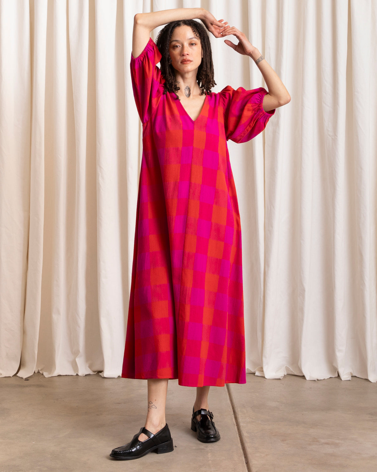 DOUBLE V-NECK MAXI DRESS - POPPY/PINK PLAID