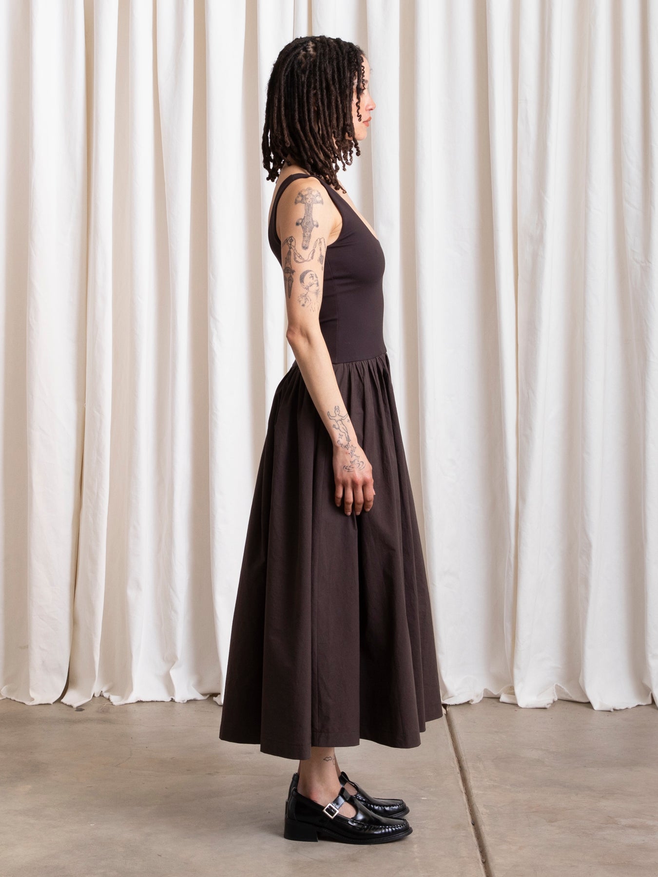 MIXED FABRIC DRESS - MUTED EGGPLANT