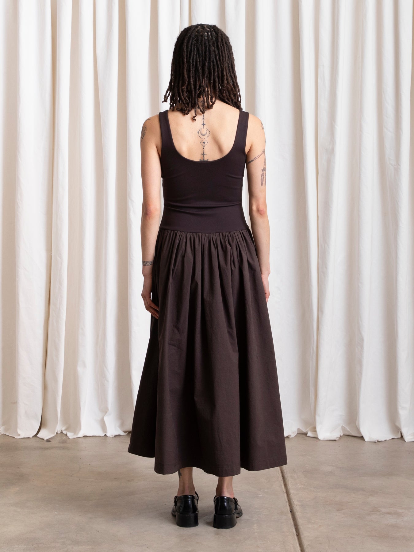 MIXED FABRIC DRESS - MUTED EGGPLANT