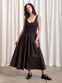 MIXED FABRIC DRESS - MUTED EGGPLANT