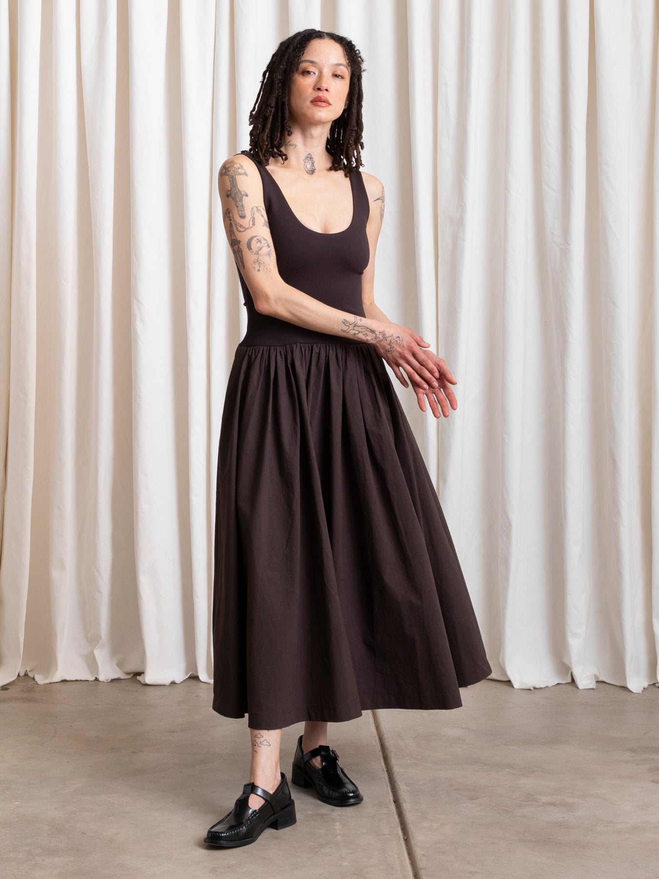 MIXED FABRIC DRESS - MUTED EGGPLANT