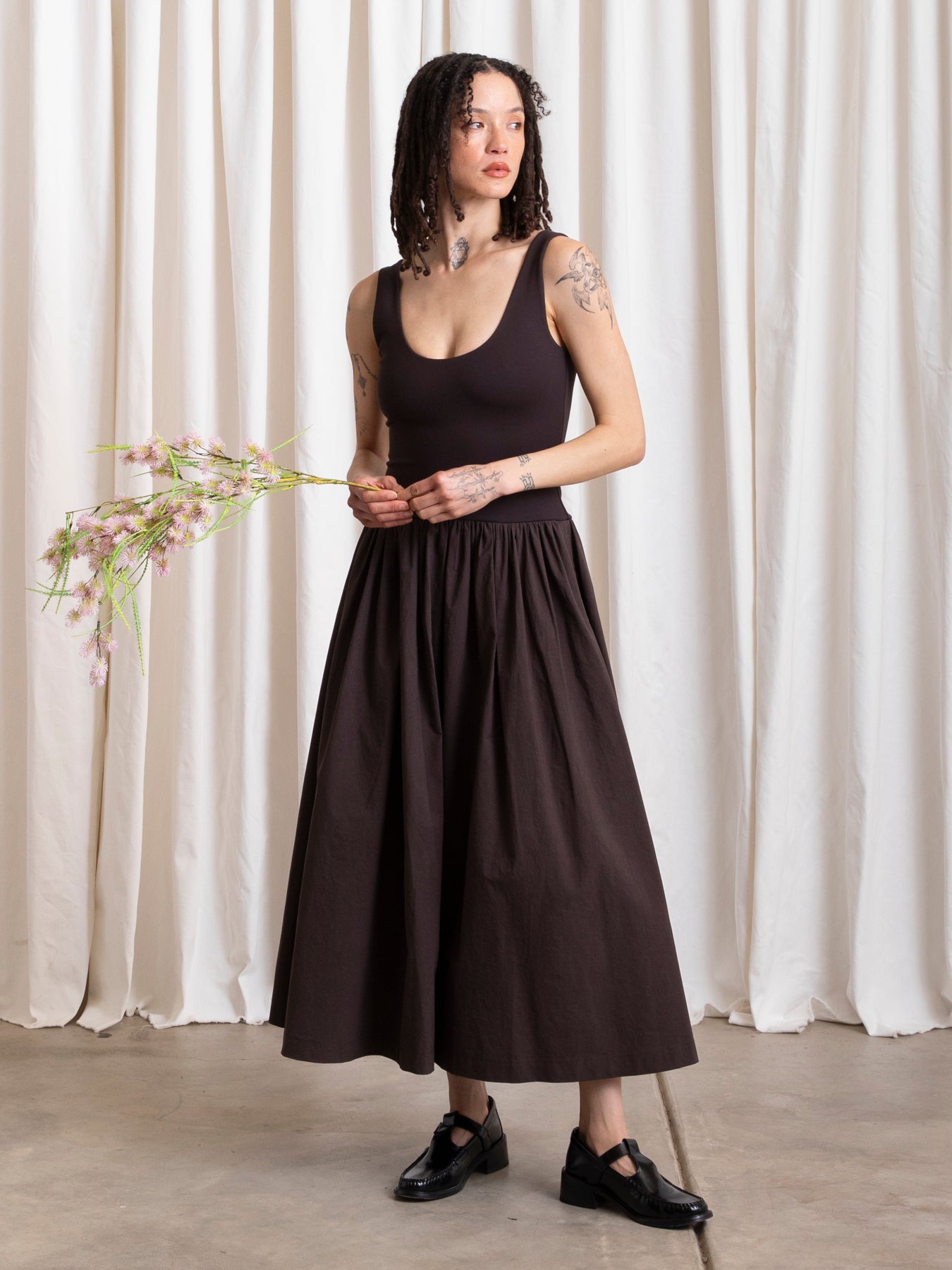 MIXED FABRIC DRESS - MUTED EGGPLANT