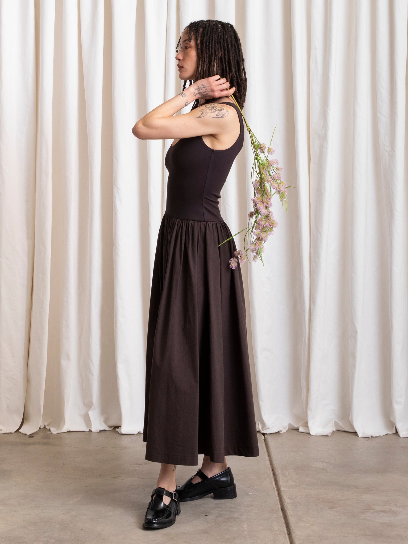 MIXED FABRIC DRESS - MUTED EGGPLANT
