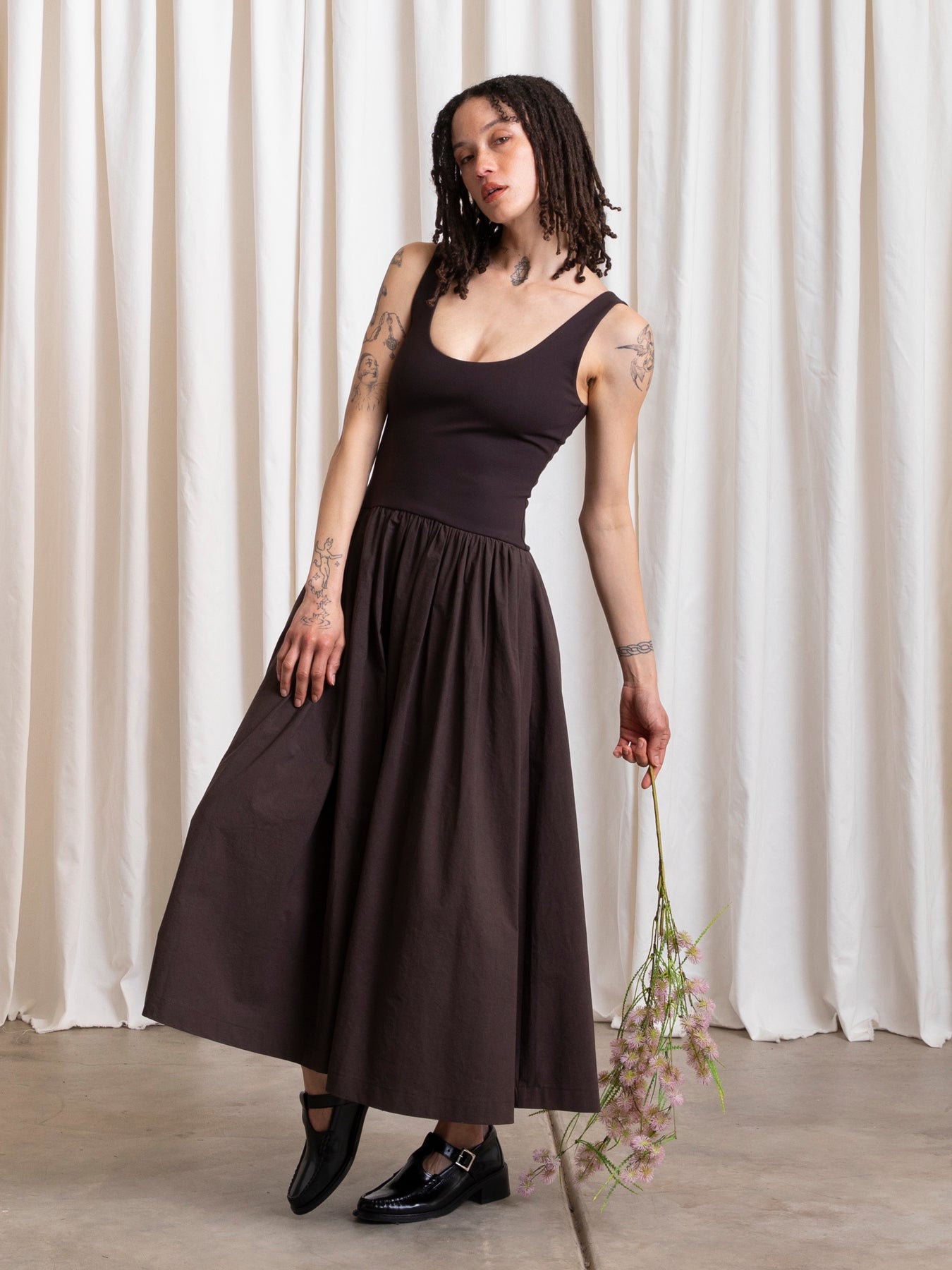 MIXED FABRIC DRESS - MUTED EGGPLANT