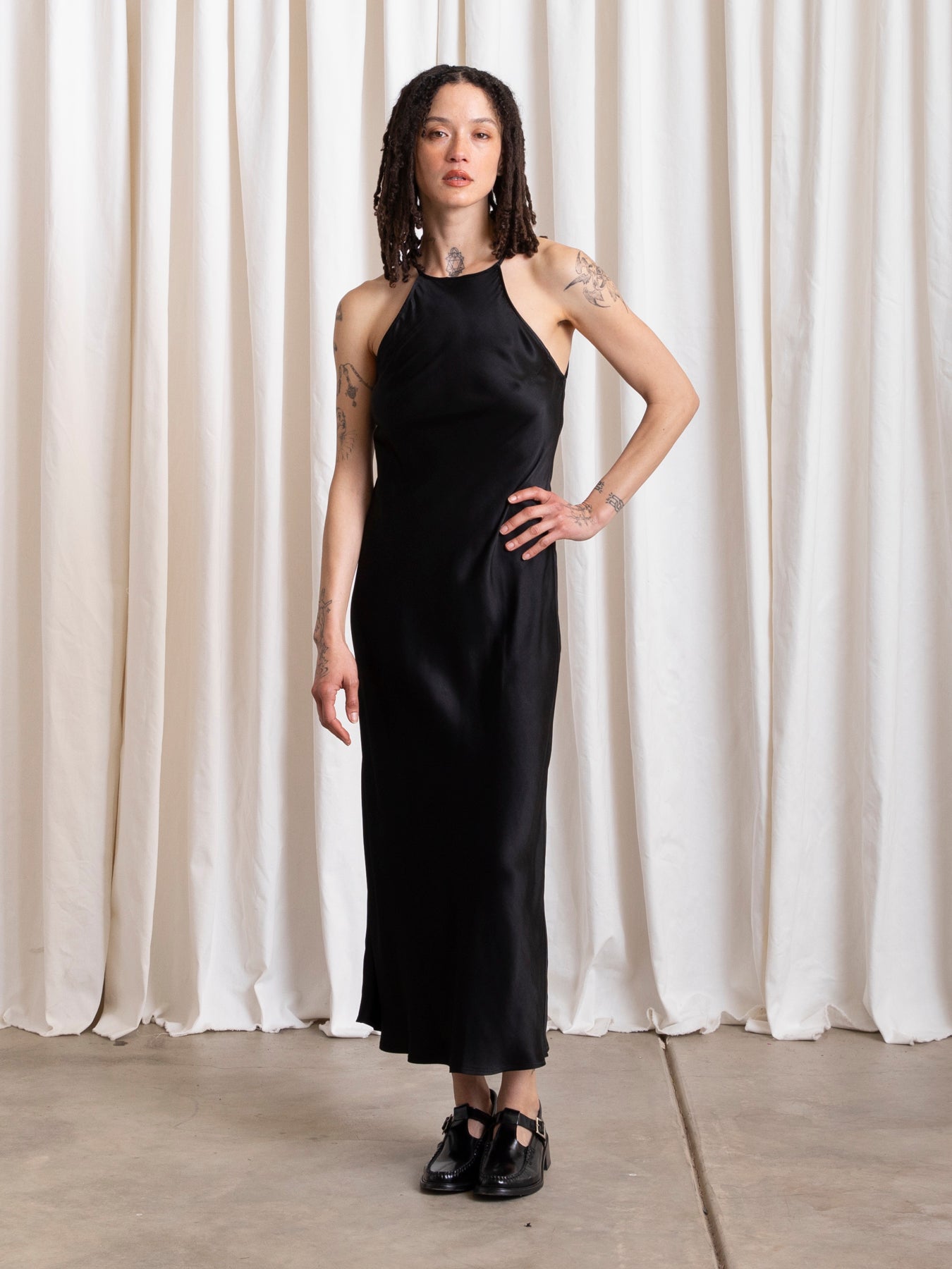 HIGH NECK BIAS DRESS - BLACK
