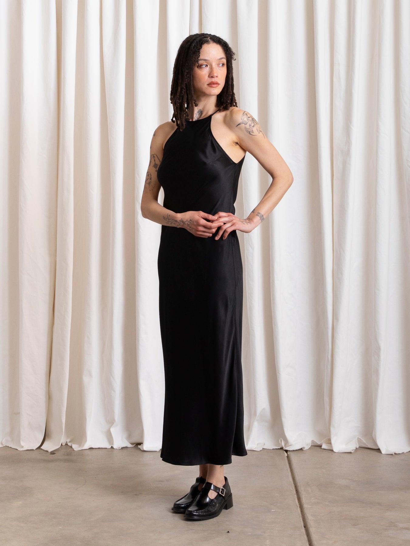 HIGH NECK BIAS DRESS - BLACK