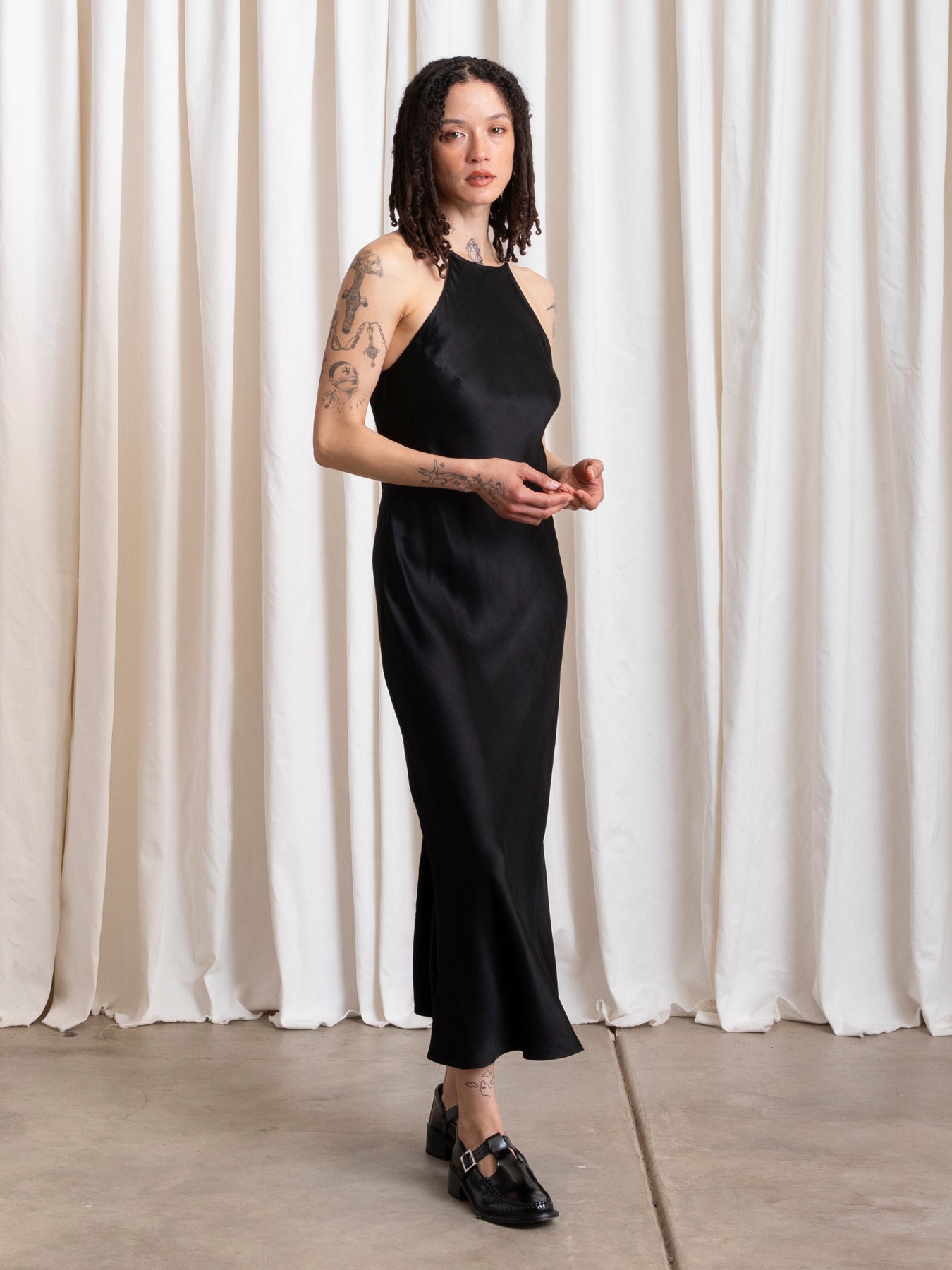 HIGH NECK BIAS DRESS - BLACK