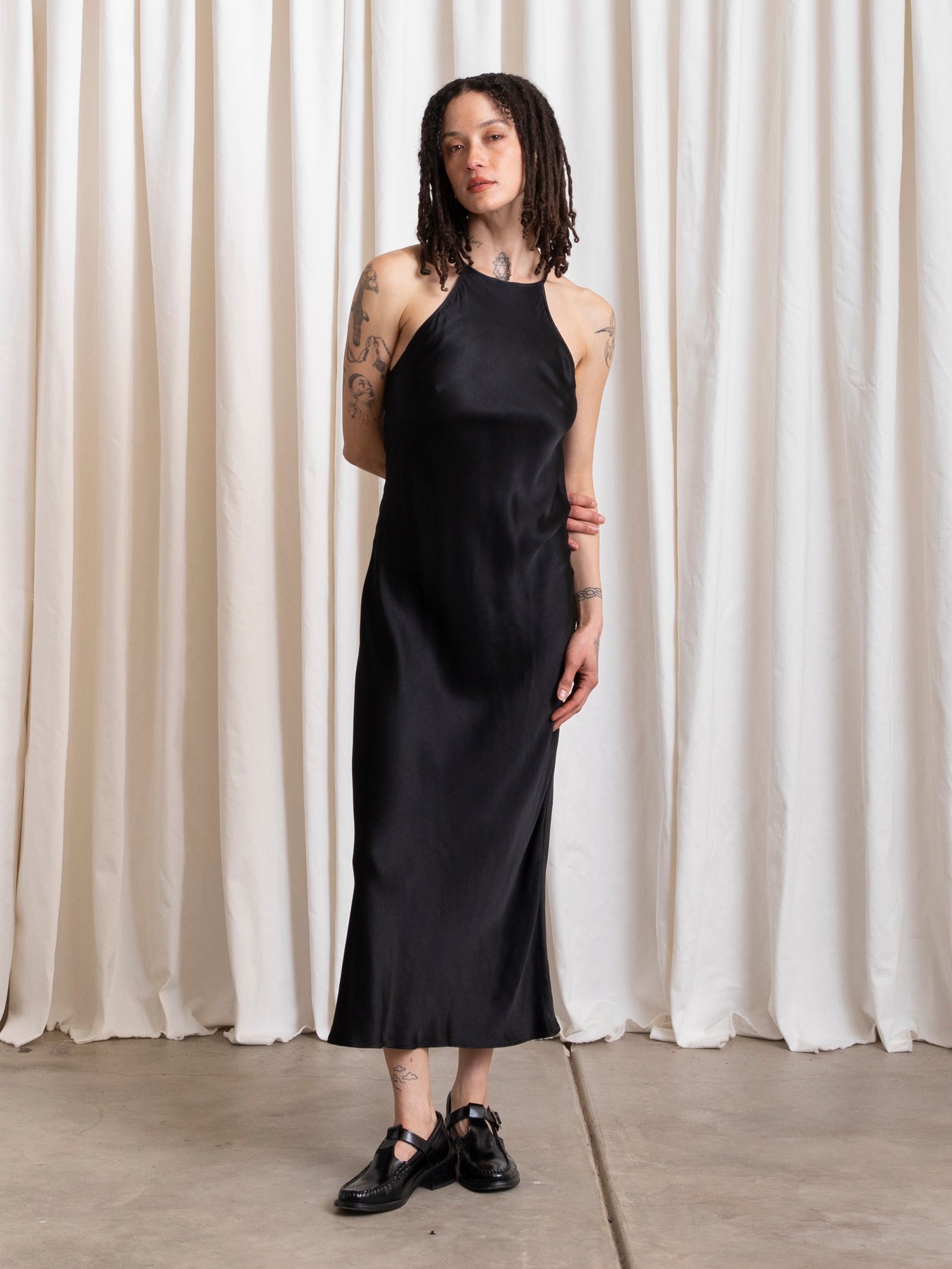 HIGH NECK BIAS DRESS - BLACK
