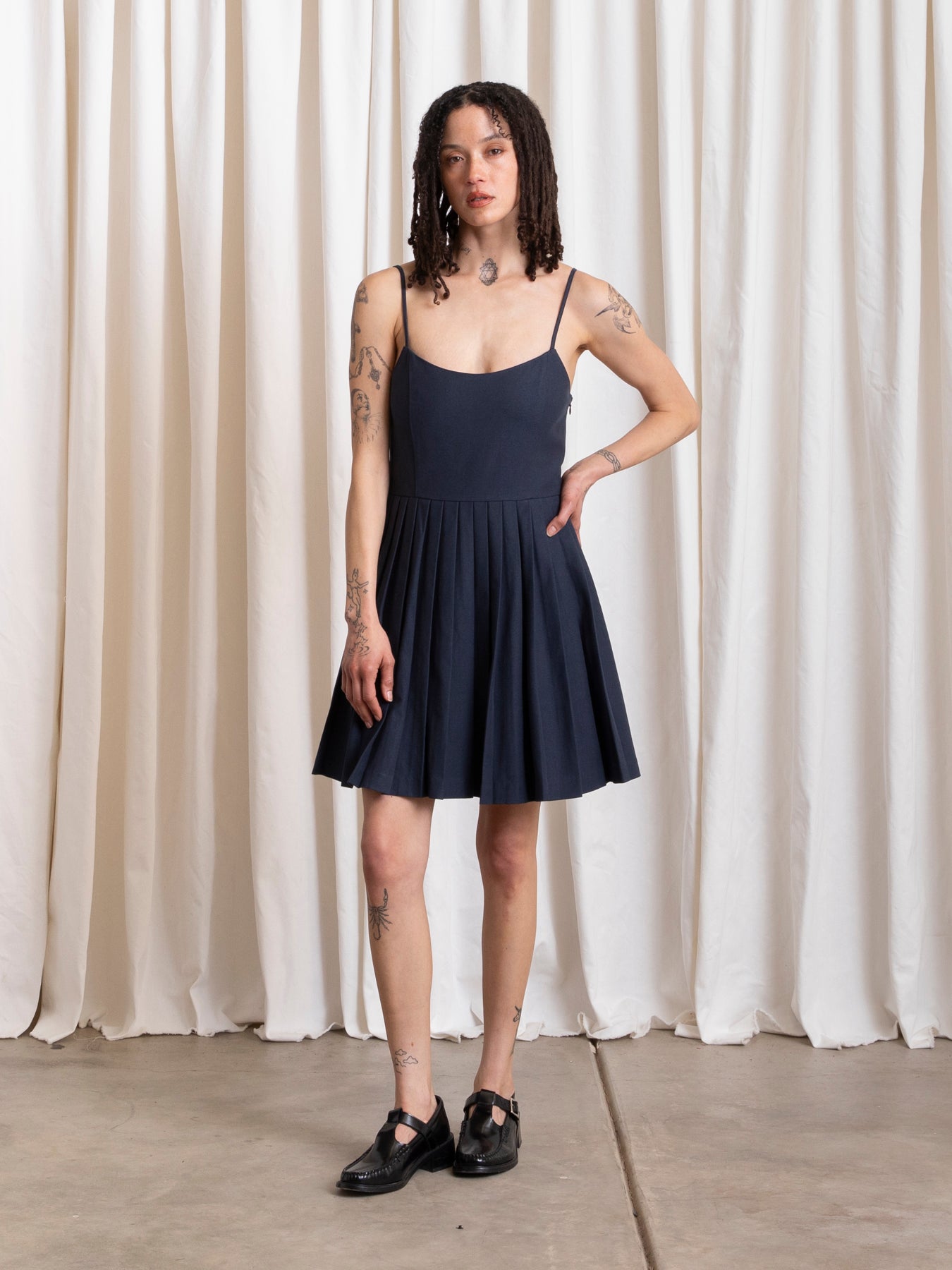PLEATED MINI DRESS - DEEP NAVY