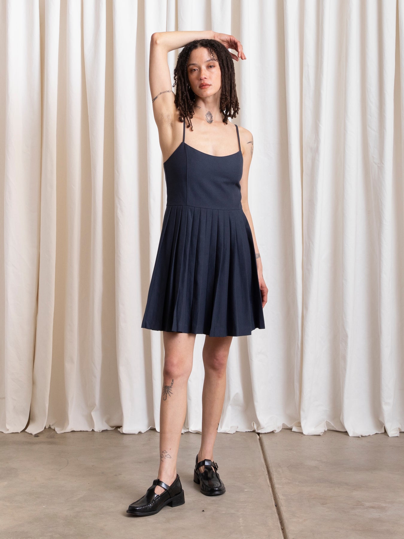 PLEATED MINI DRESS - DEEP NAVY