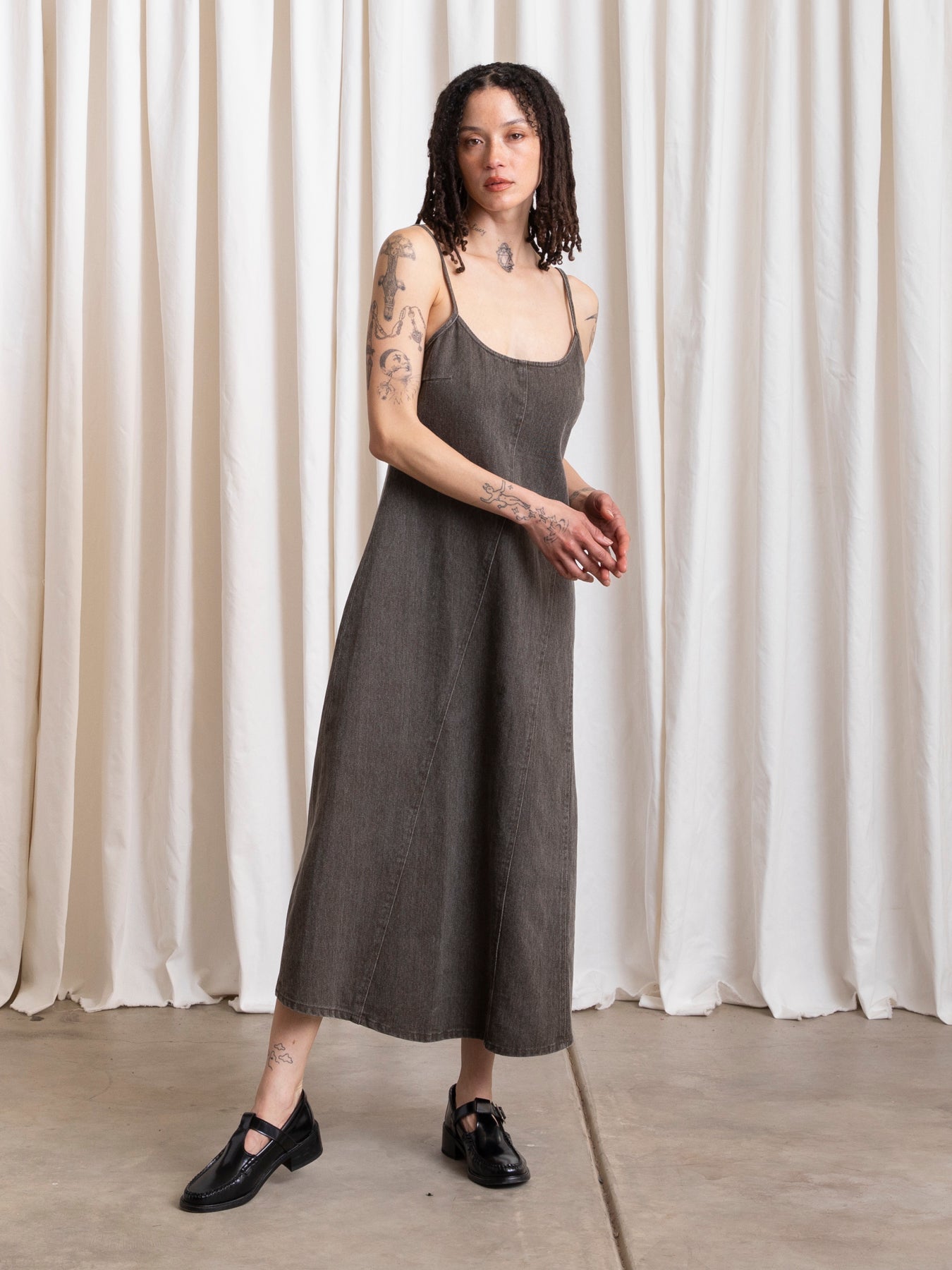 SEAMED TANK DRESS - BROWN DENIM
