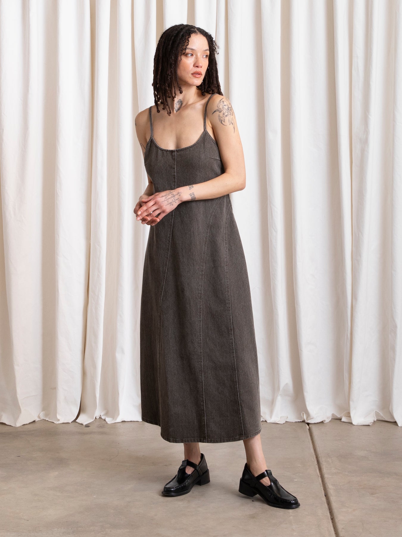 SEAMED TANK DRESS - BROWN DENIM
