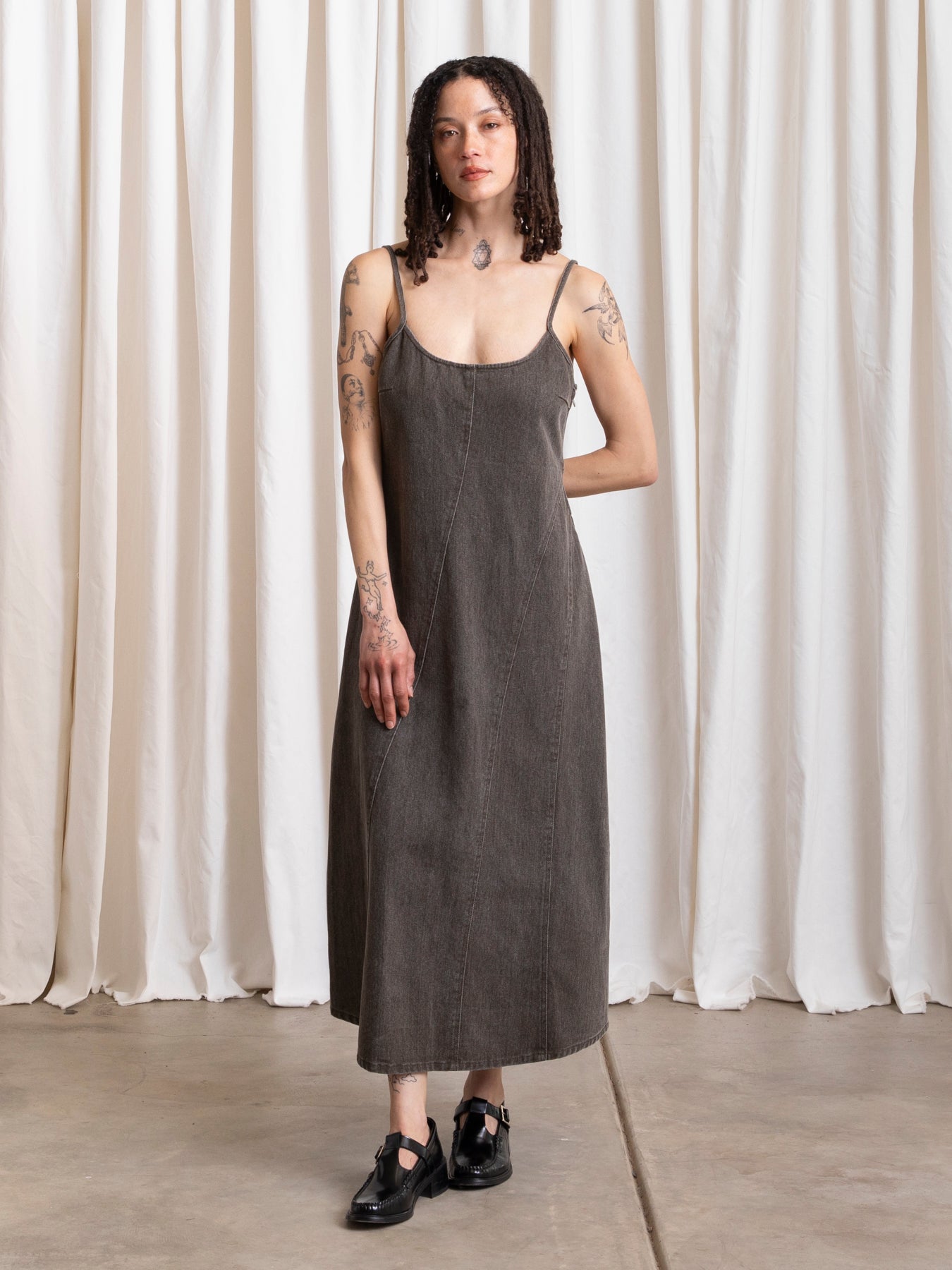 SEAMED TANK DRESS - BROWN DENIM
