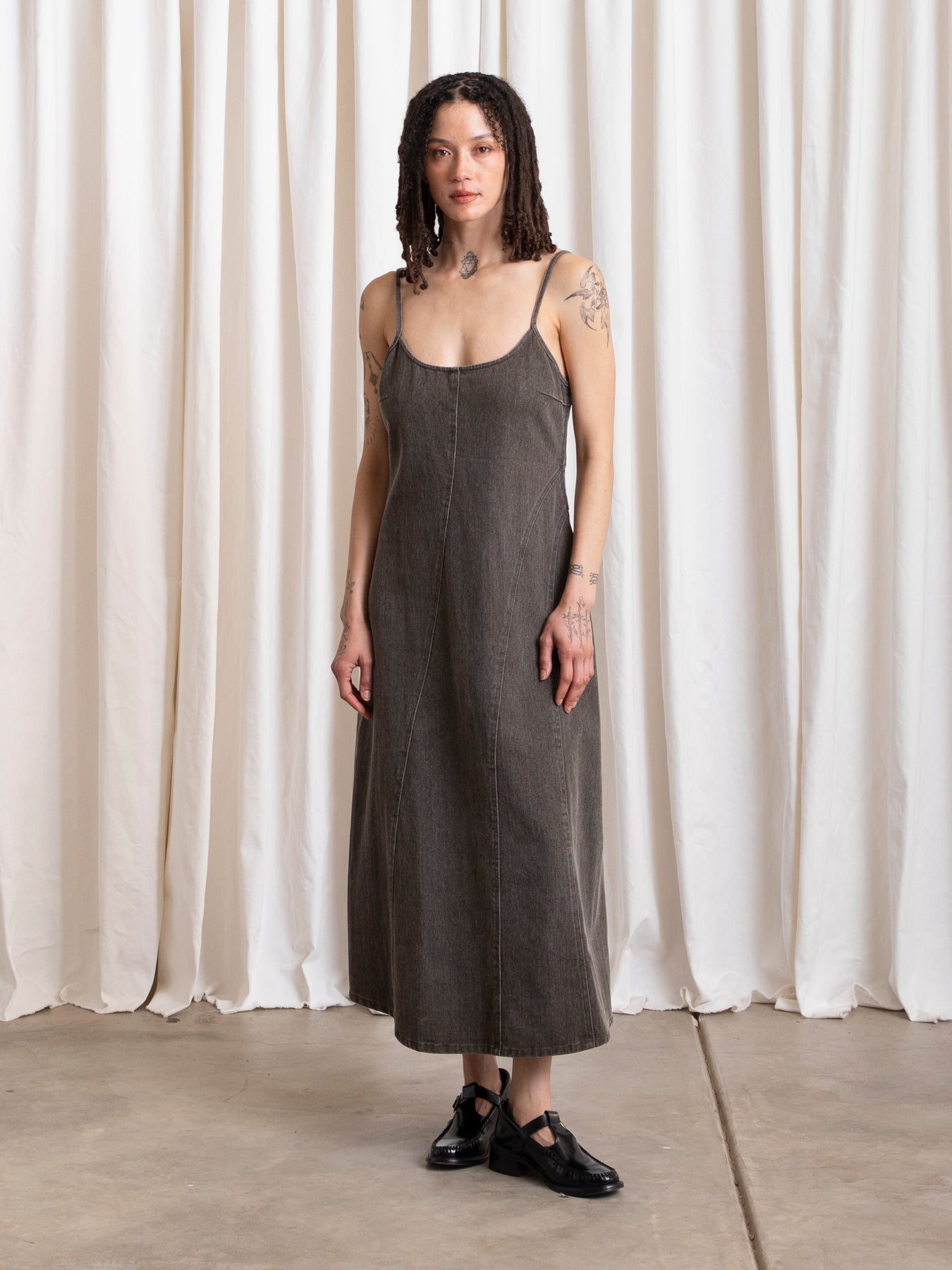 SEAMED TANK DRESS - BROWN DENIM