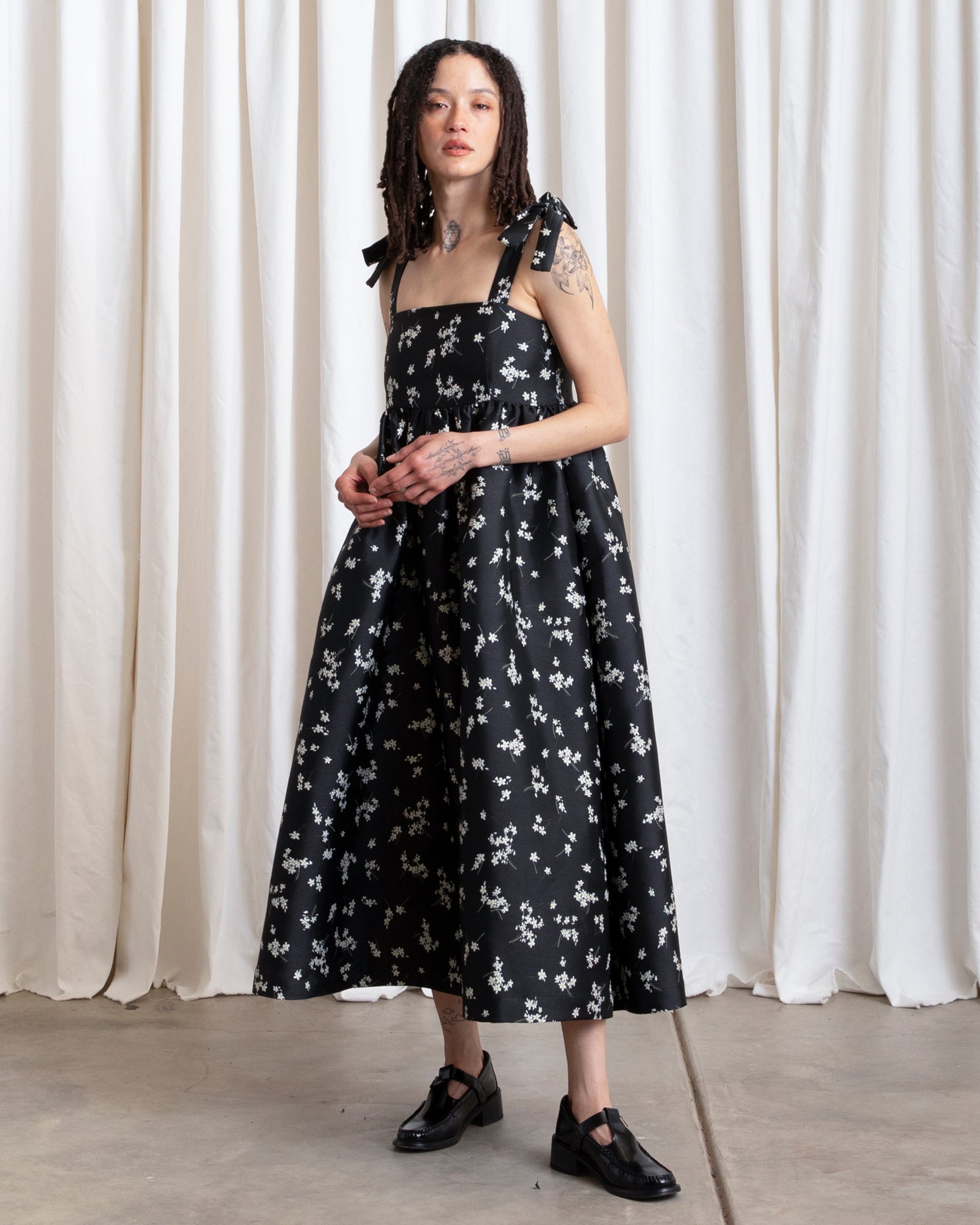 TIE STRAP DRESS - BLACK JACQUARD