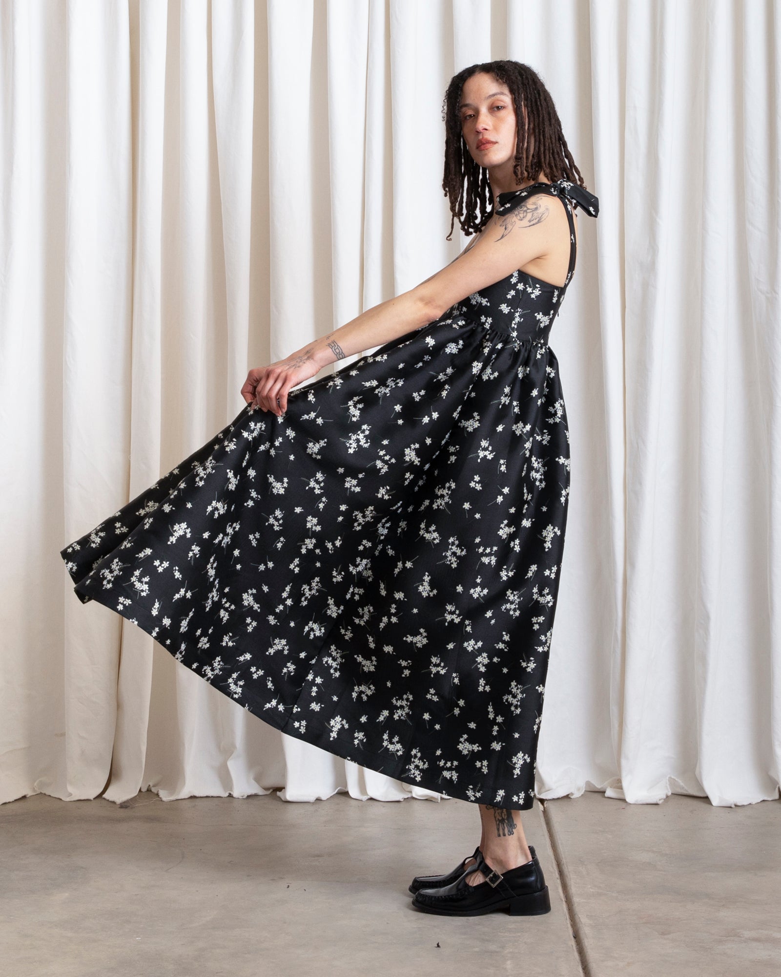 TIE STRAP DRESS - BLACK JACQUARD