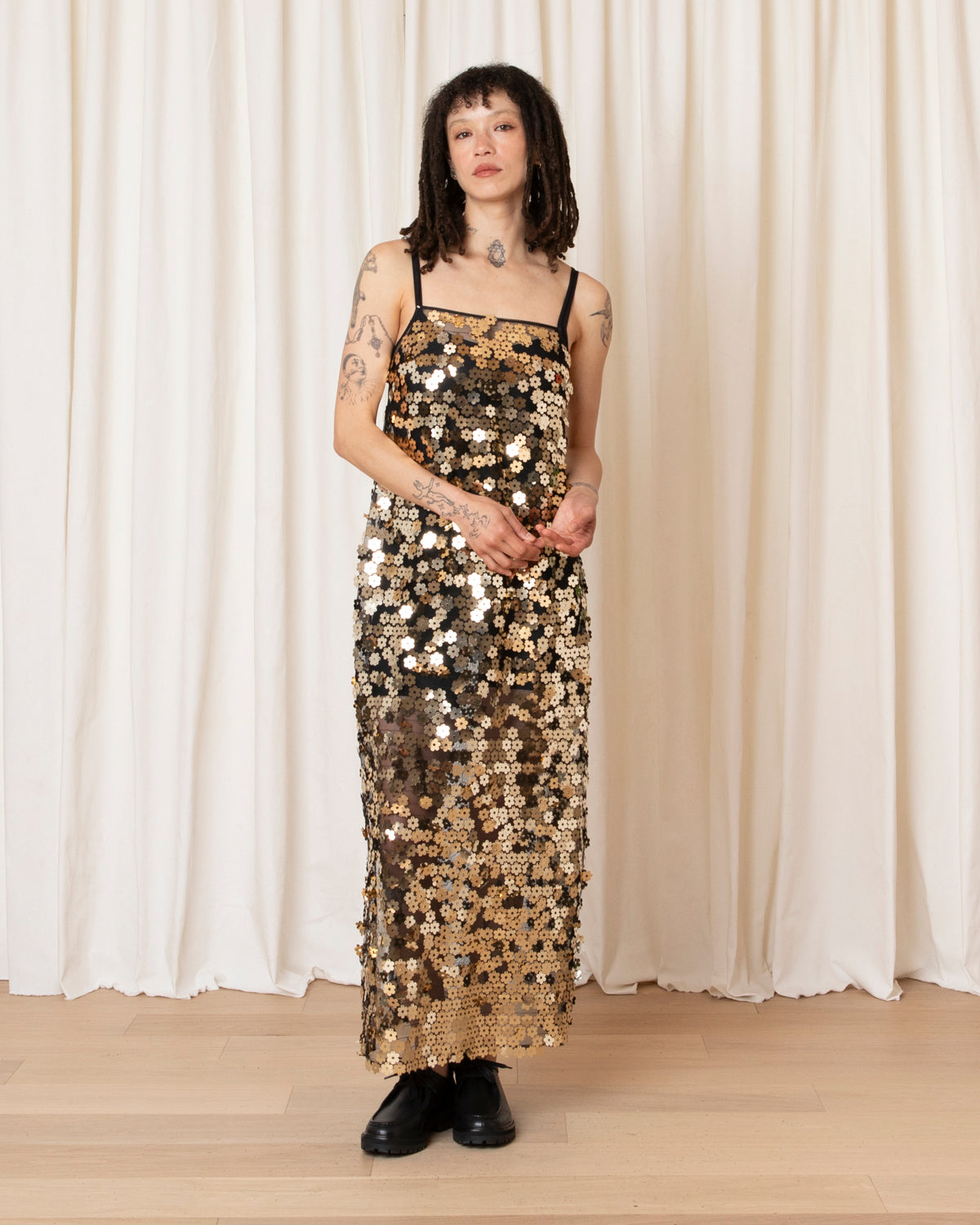 SQUARE NECK SLIP DRESS - GOLD FLOWER SEQUINS