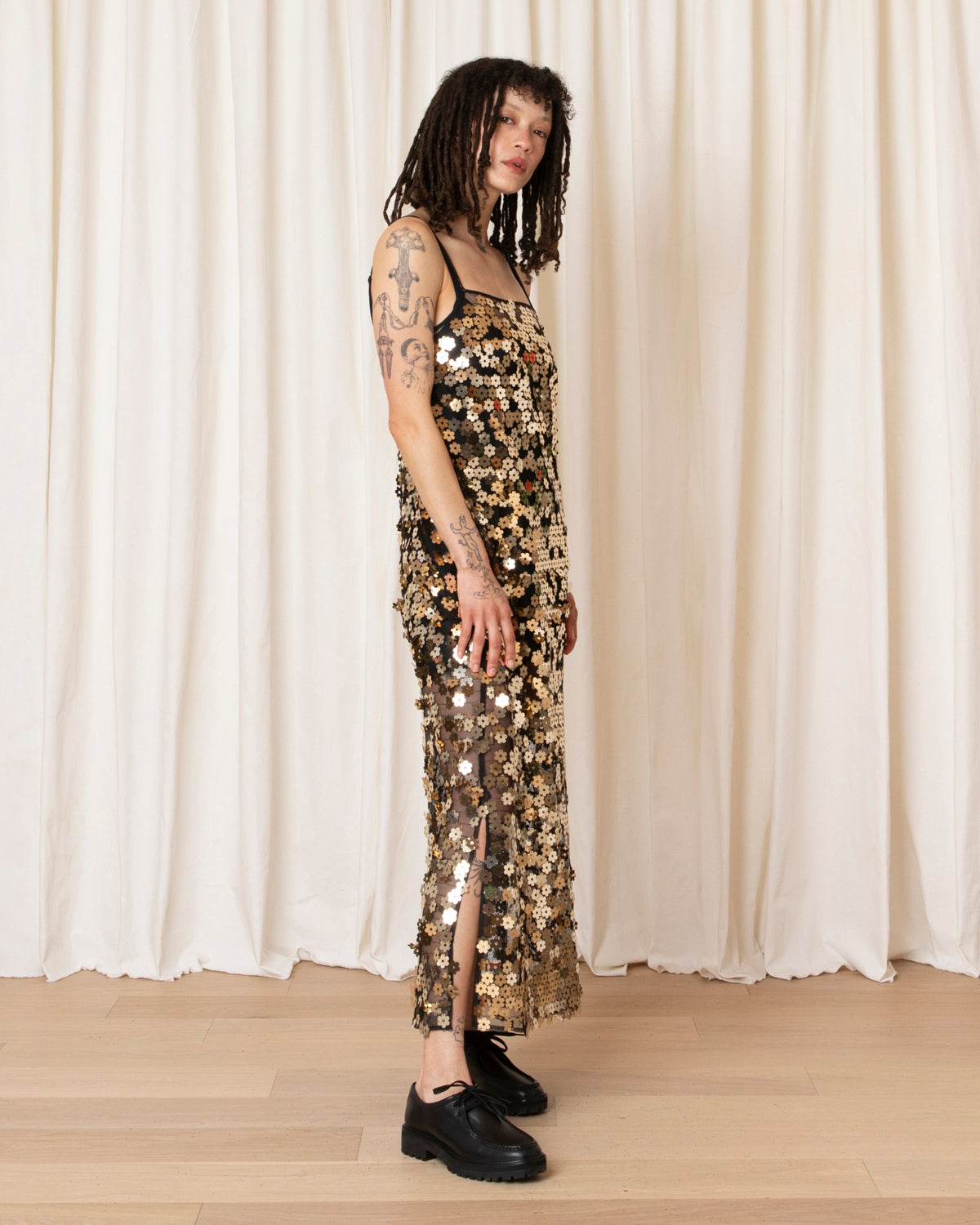 SQUARE NECK SLIP DRESS - GOLD FLOWER SEQUINS