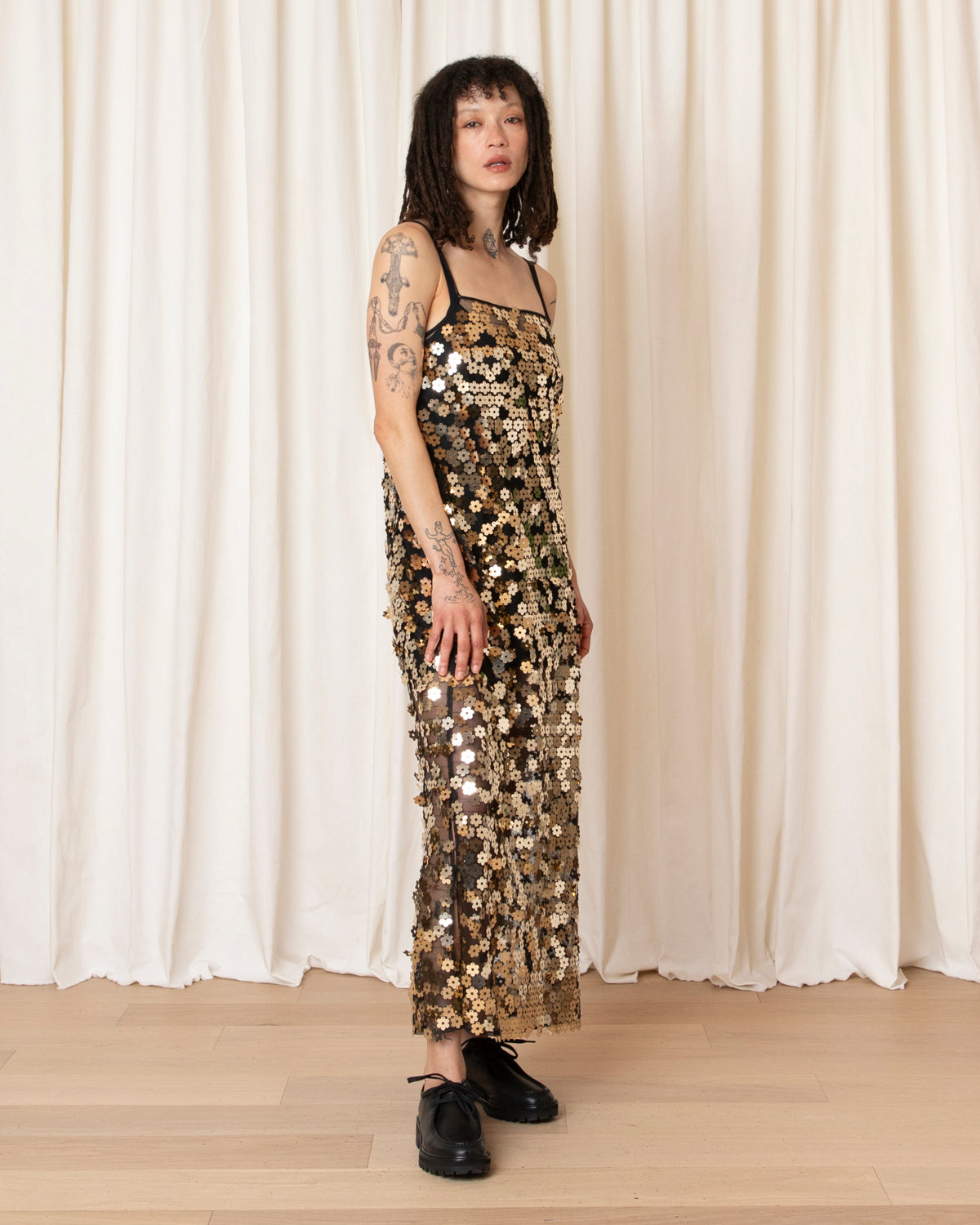SQUARE NECK SLIP DRESS - GOLD FLOWER SEQUINS