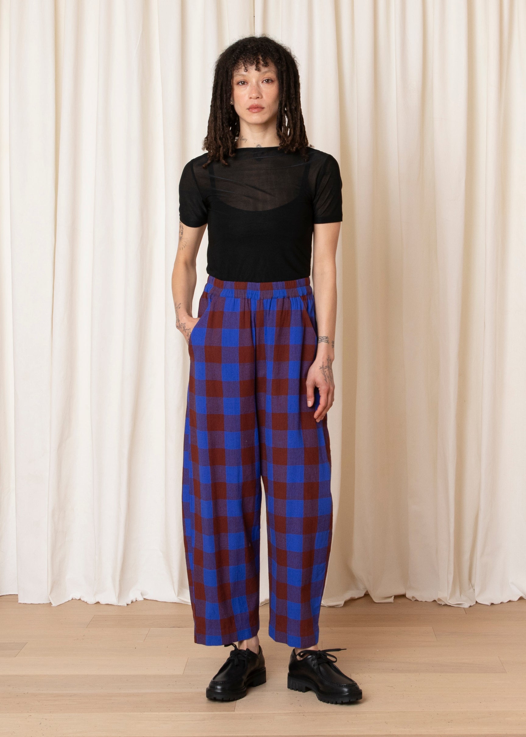 ELASTIC PANT - COBALT/RUST LARGE PLAID