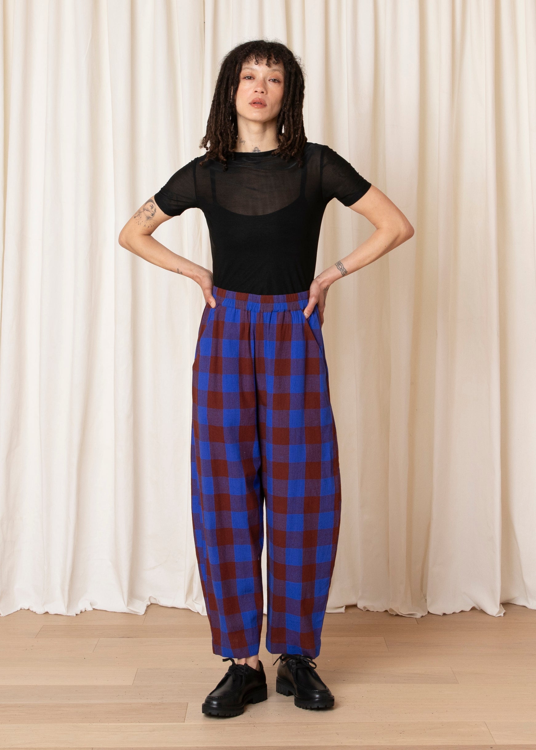 ELASTIC PANT - COBALT/RUST LARGE PLAID