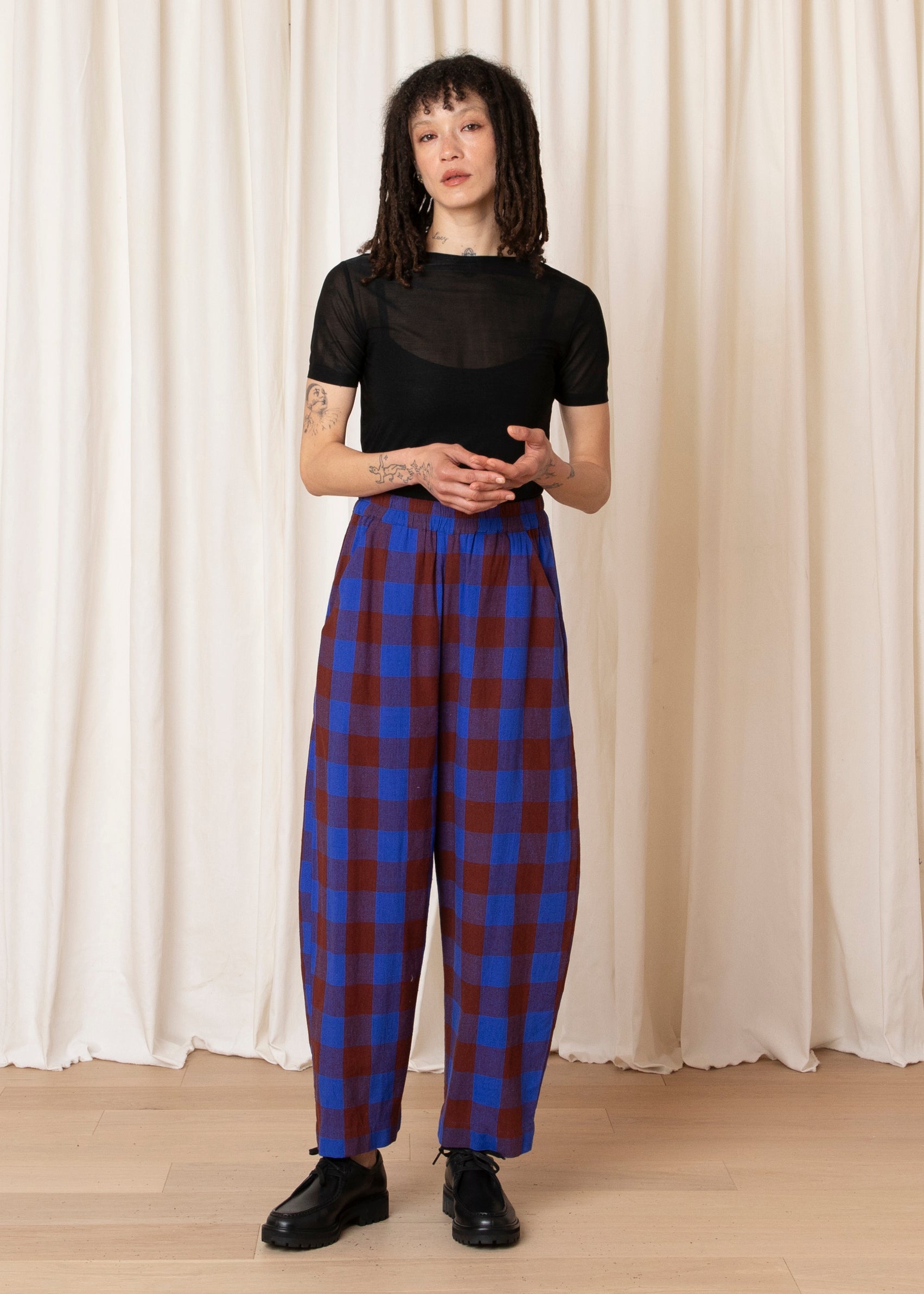ELASTIC PANT - COBALT/RUST LARGE PLAID