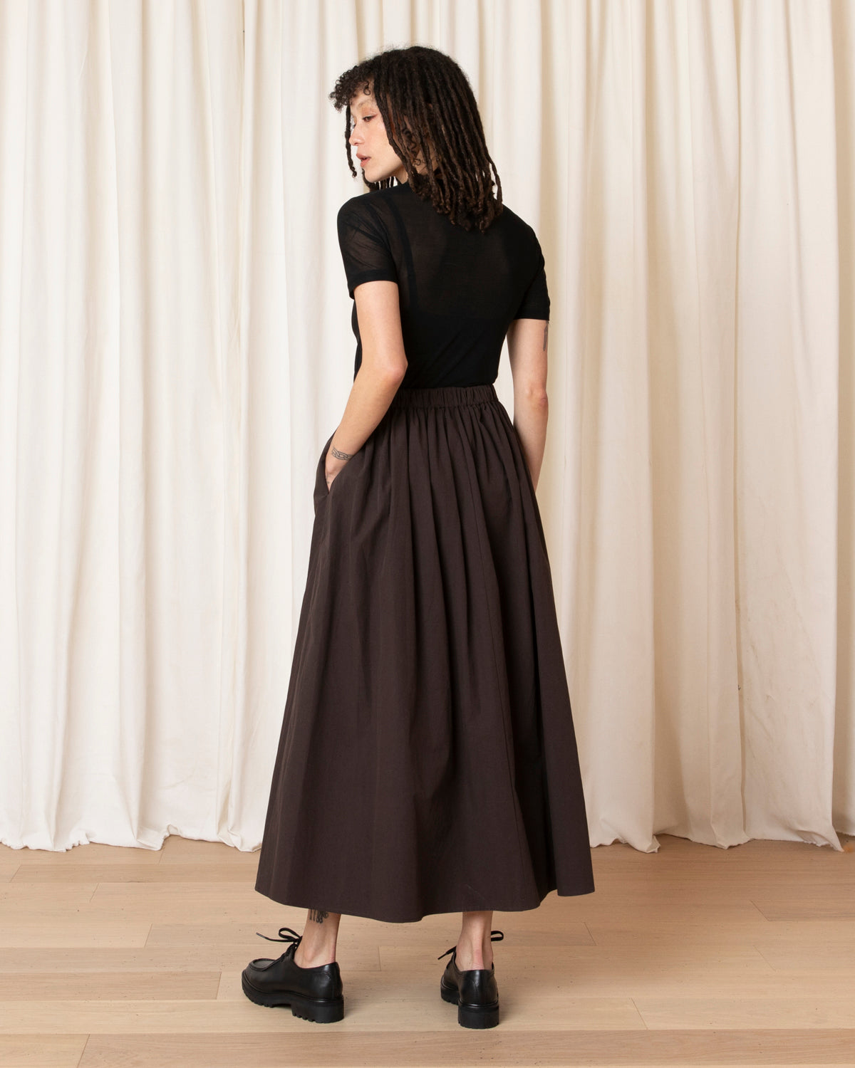 DRAWSTRING FULL SKIRT - DARK BROWN