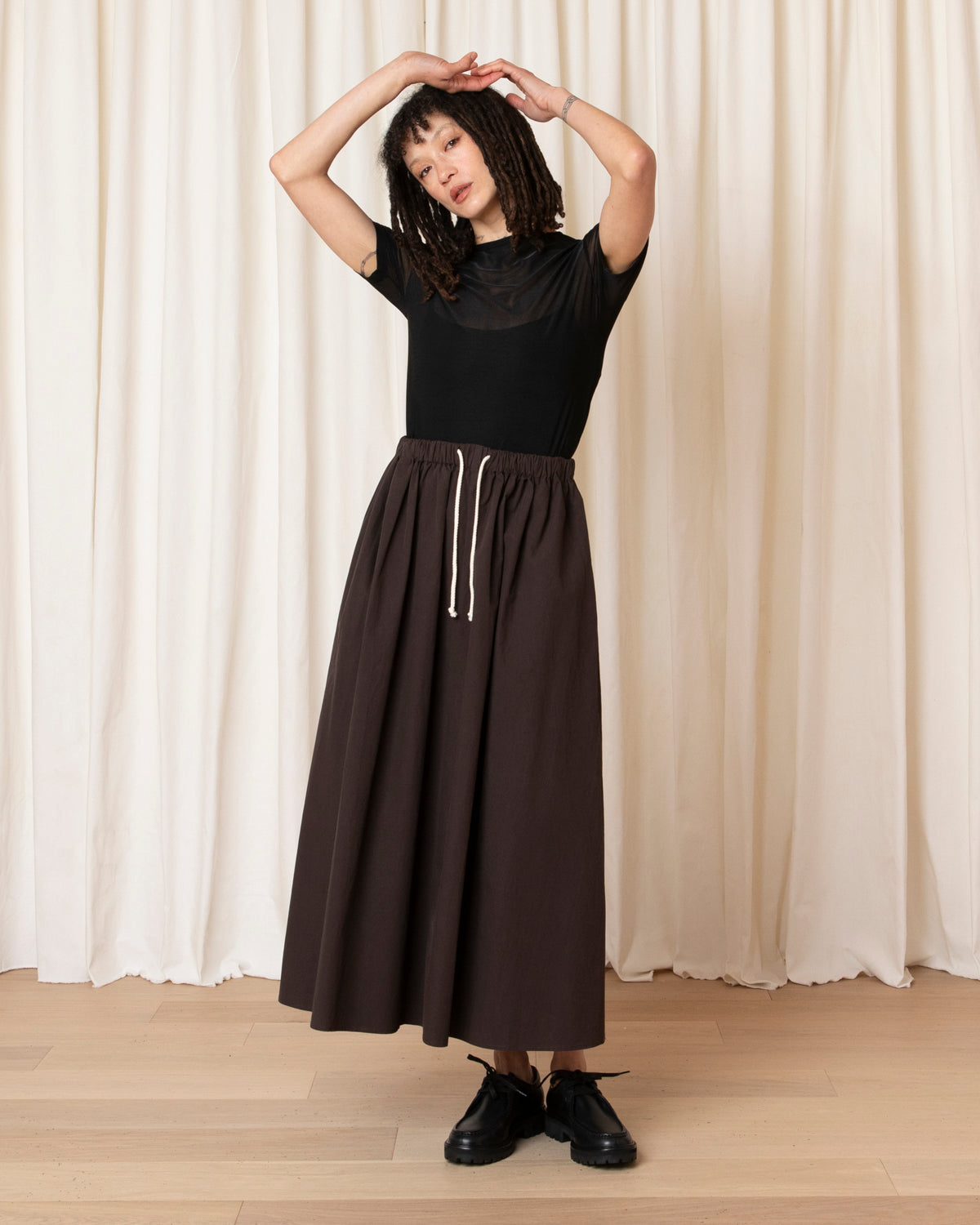 DRAWSTRING FULL SKIRT - DARK BROWN