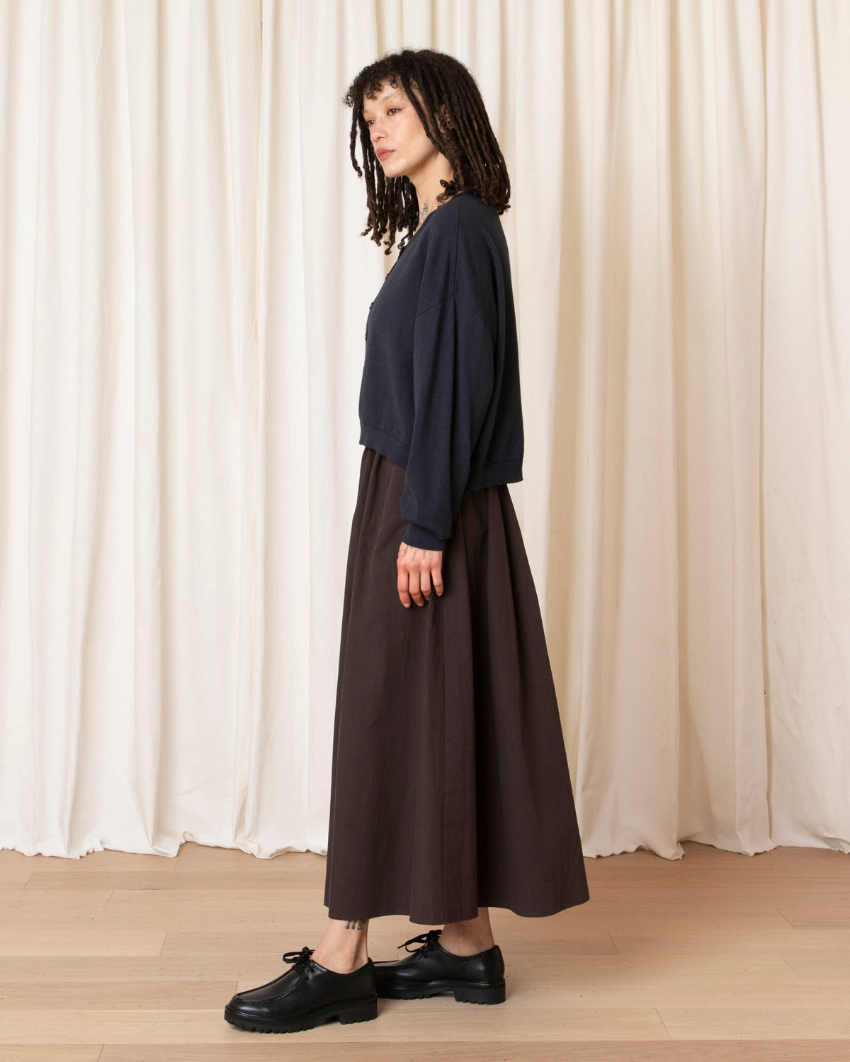 DRAWSTRING FULL SKIRT - DARK BROWN