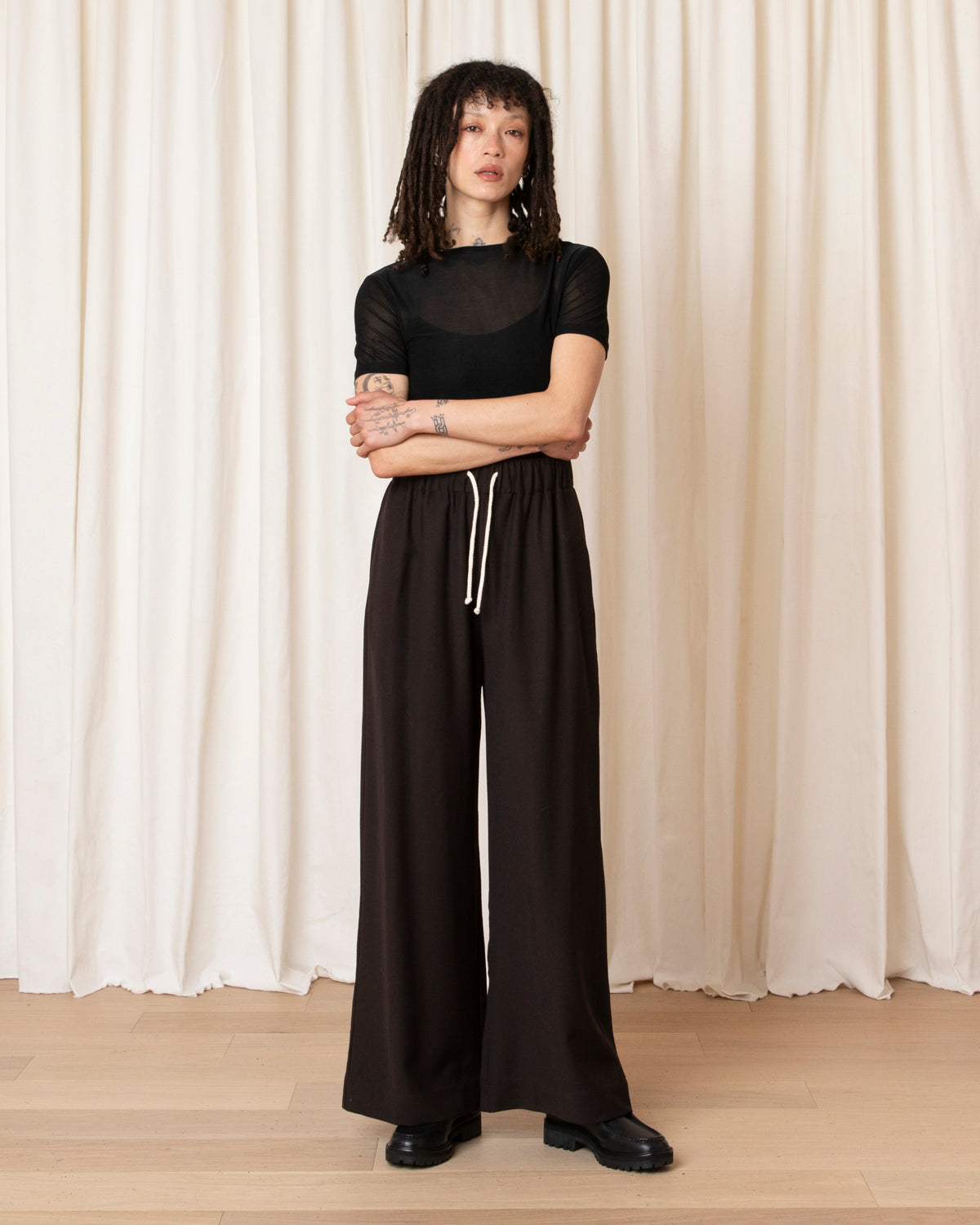 100% WOOL DRAWSTRING PANT - DARK BROWN