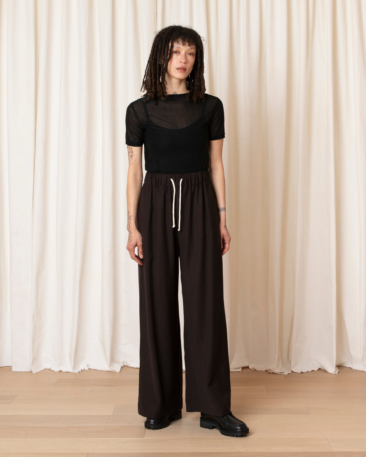 100% WOOL DRAWSTRING PANT - DARK BROWN