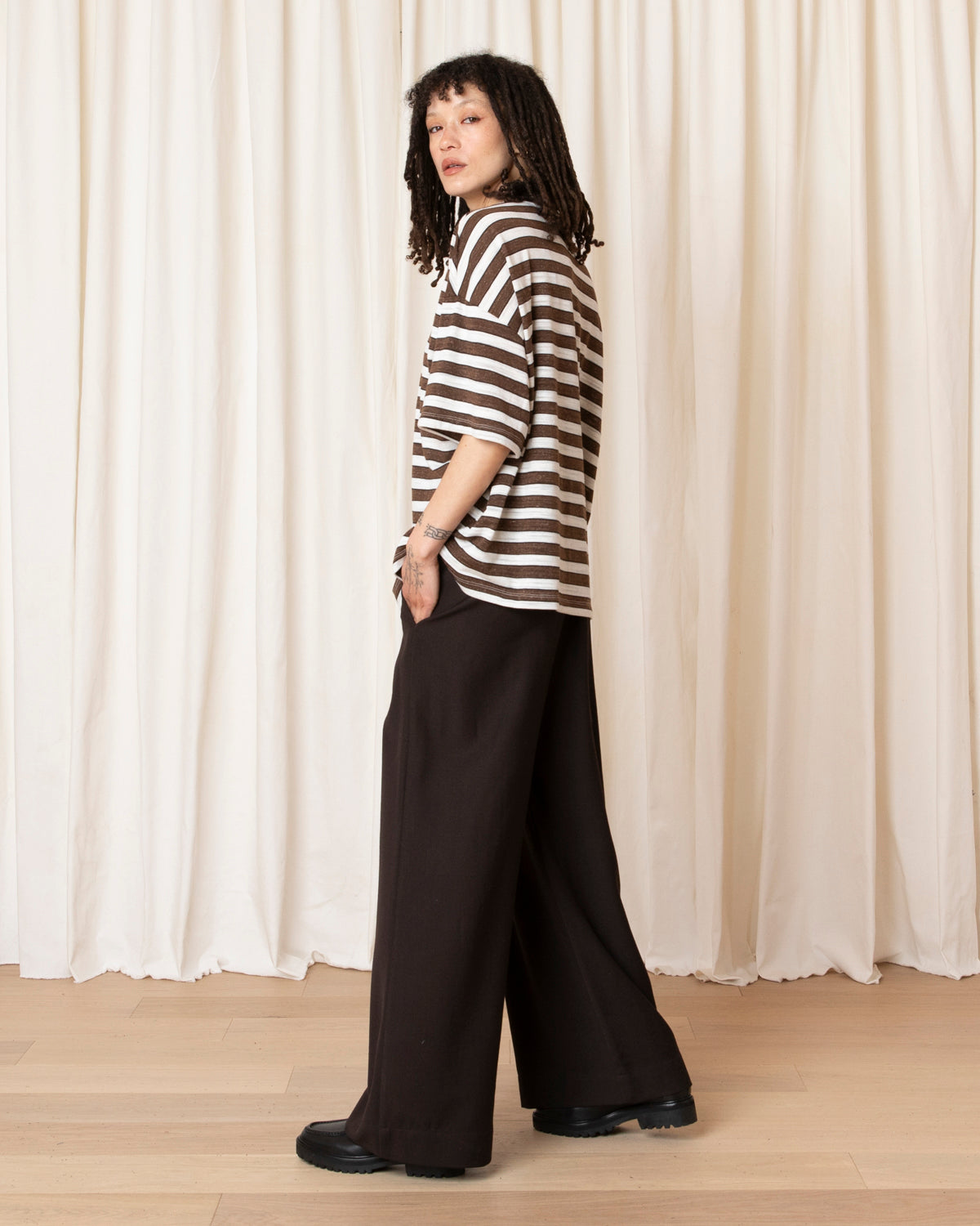 100% WOOL DRAWSTRING PANT - DARK BROWN