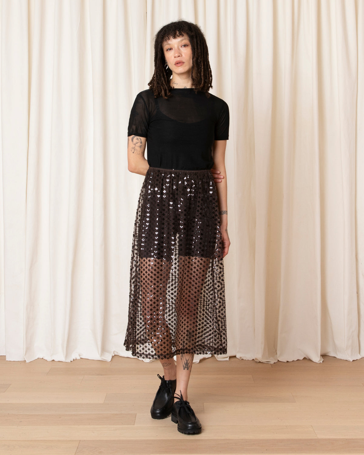 SEQUIN MIDI SKIRT - TAUPE/BLACK