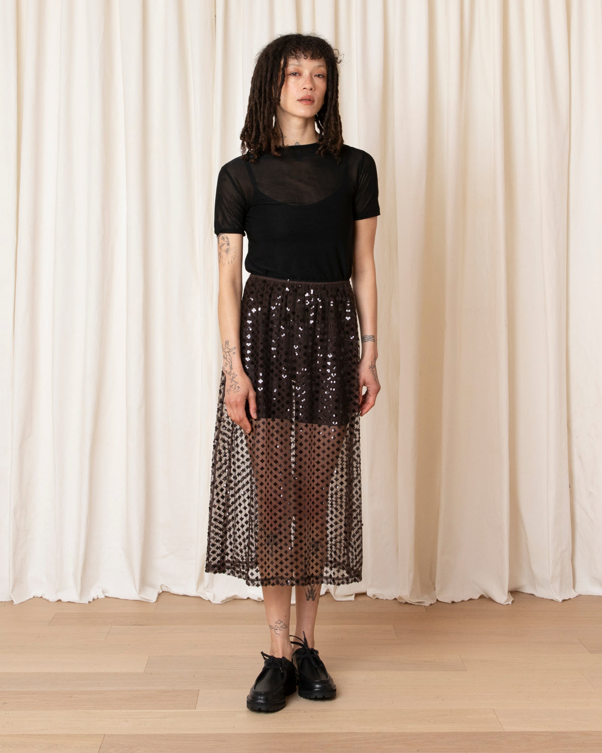 SEQUIN MIDI SKIRT - TAUPE/BLACK