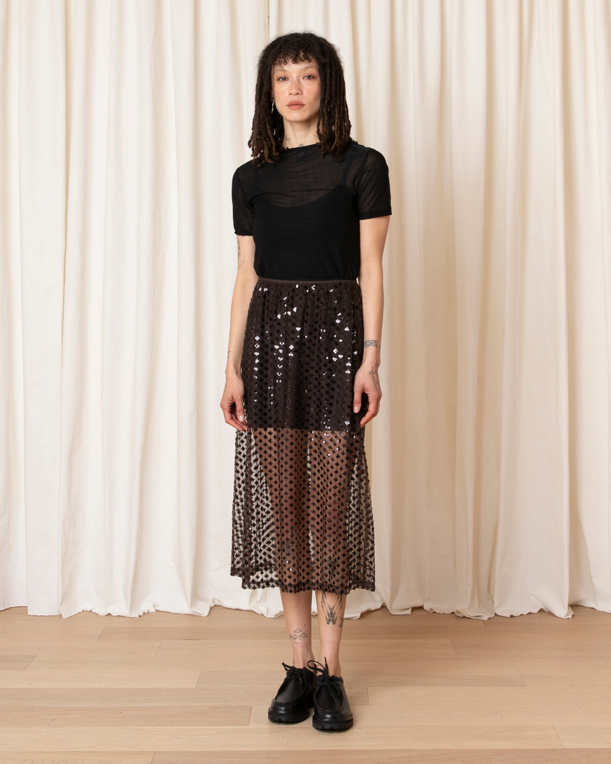 SEQUIN MIDI SKIRT - TAUPE/BLACK