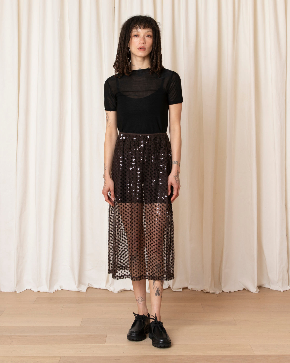 SEQUIN MIDI SKIRT - TAUPE/BLACK