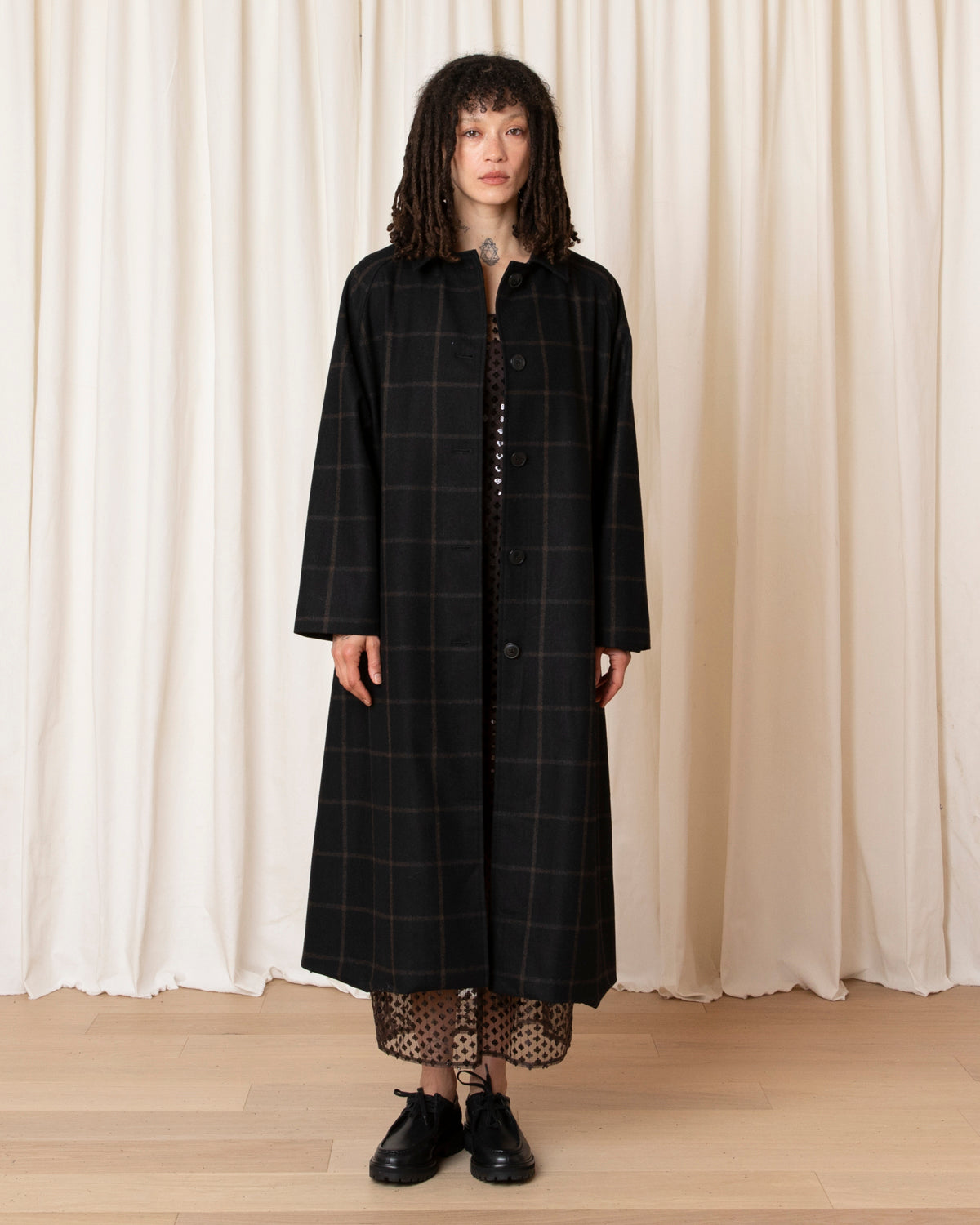NEW WOOL TRENCH - BLACK/BROWN WINDOWPANE