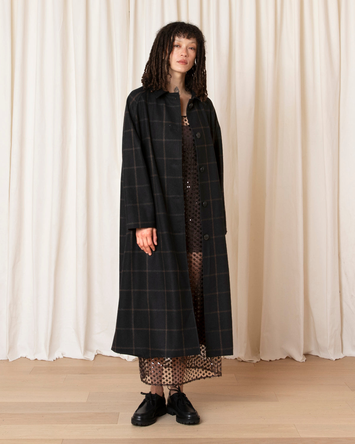 NEW WOOL TRENCH - BLACK/BROWN WINDOWPANE