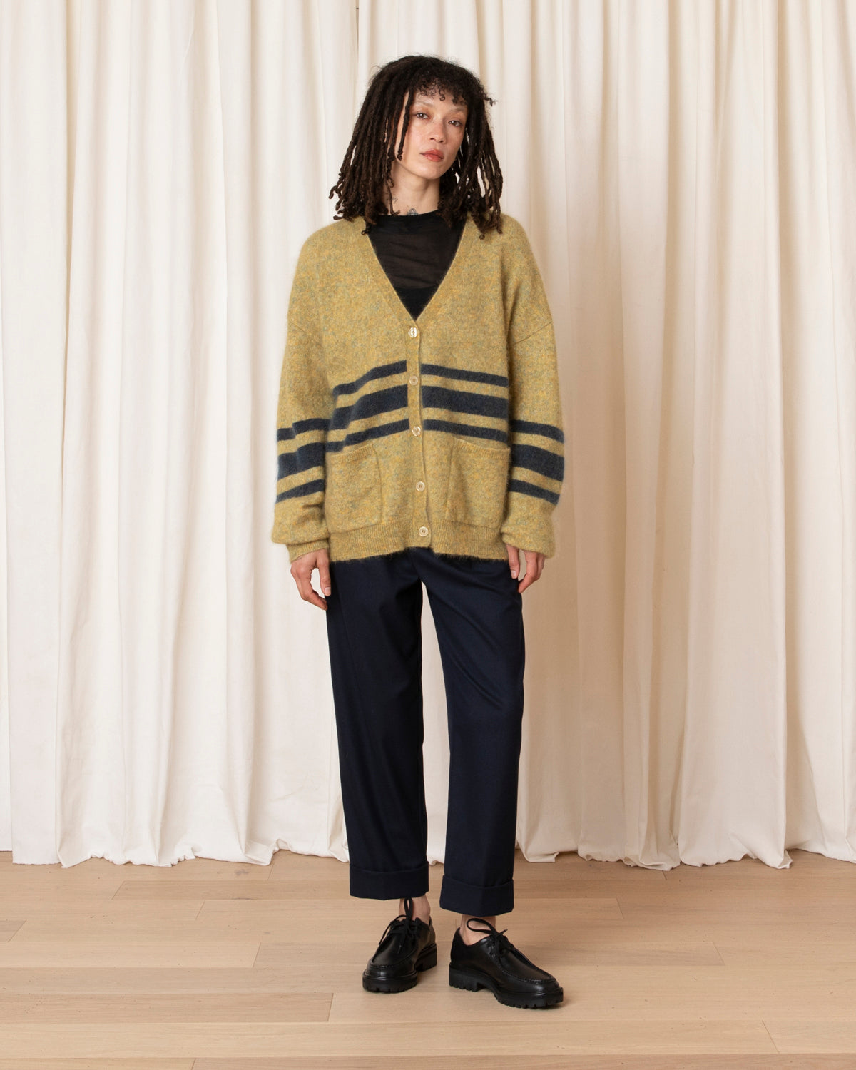 OVERSIZED MOHAIR CARDIGAN - OCHRE/OCEAN STRIPE