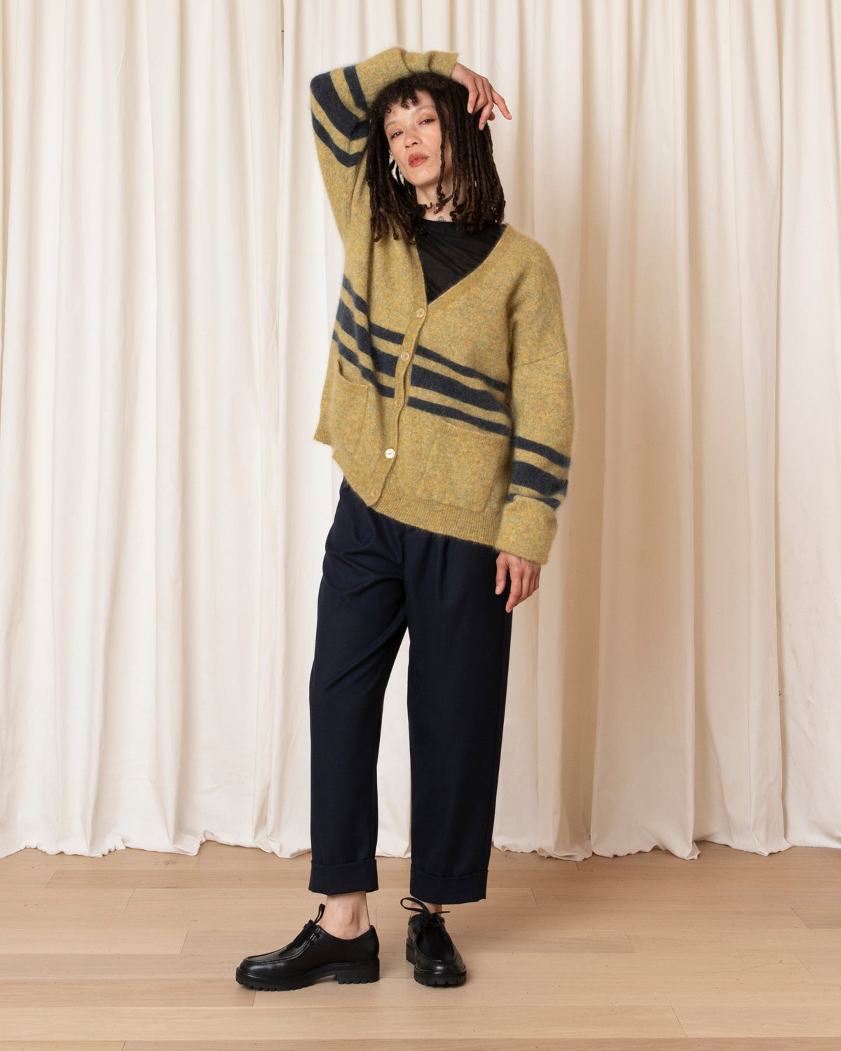OVERSIZED MOHAIR CARDIGAN - OCHRE/OCEAN STRIPE