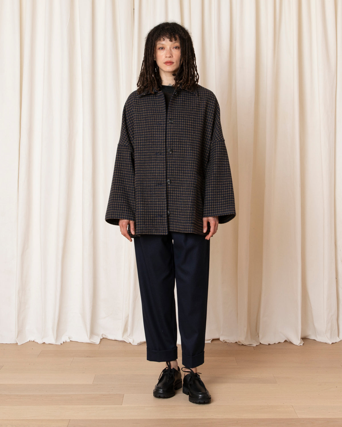 OVERSIZED WOOL SHIRT JACKET - MARIGOLD/NAVY CHECK