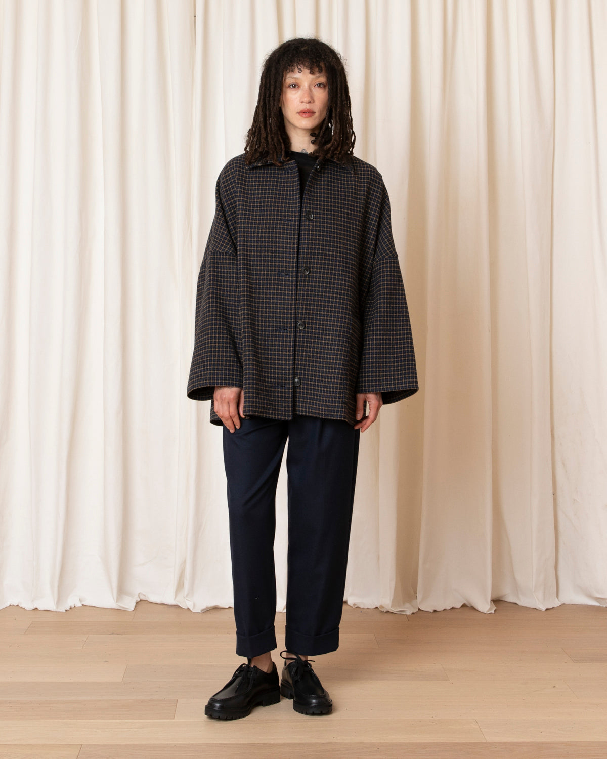 OVERSIZED WOOL SHIRT JACKET - MARIGOLD/NAVY CHECK
