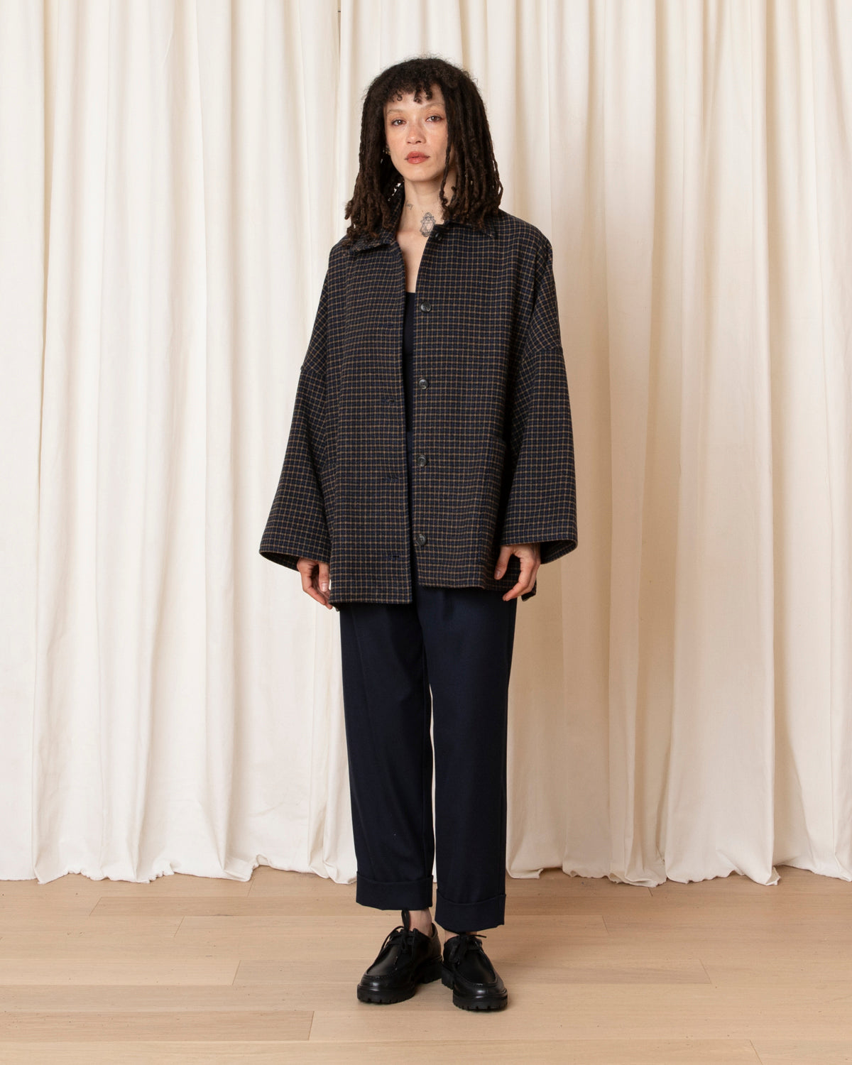 OVERSIZED WOOL SHIRT JACKET - MARIGOLD/NAVY CHECK