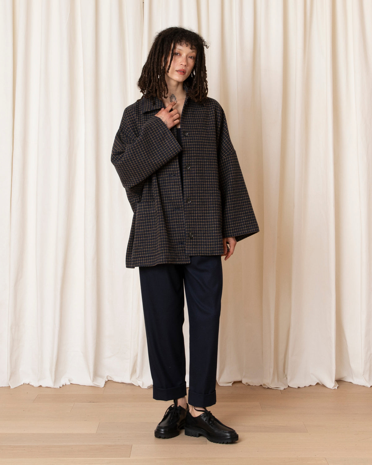 OVERSIZED WOOL SHIRT JACKET - MARIGOLD/NAVY CHECK