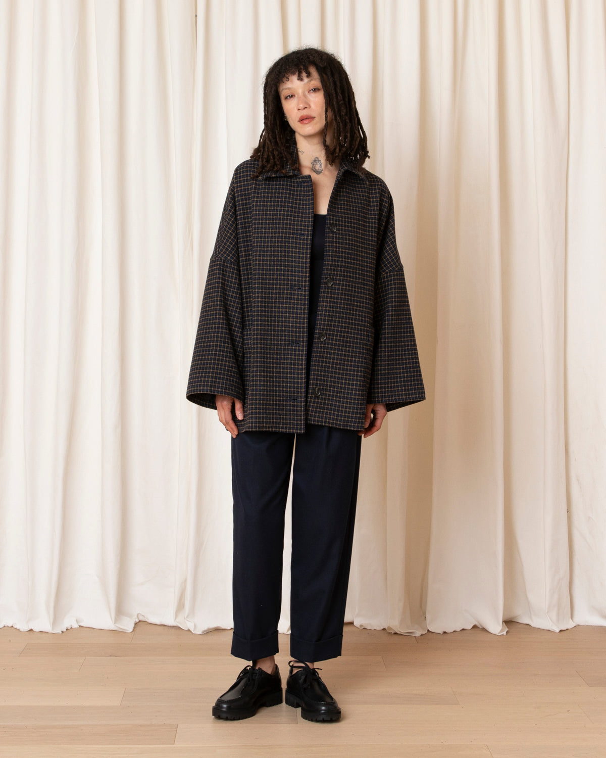 OVERSIZED WOOL SHIRT JACKET - MARIGOLD/NAVY CHECK