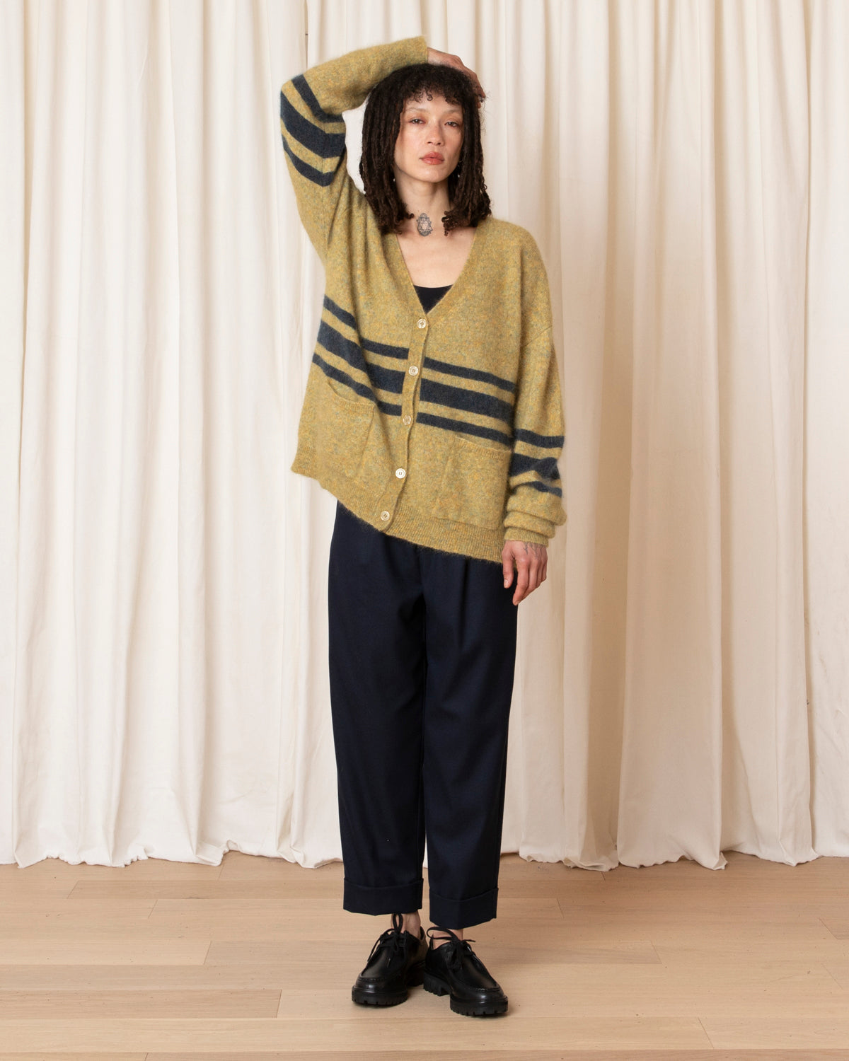 OVERSIZED MOHAIR CARDIGAN - OCHRE/OCEAN STRIPE